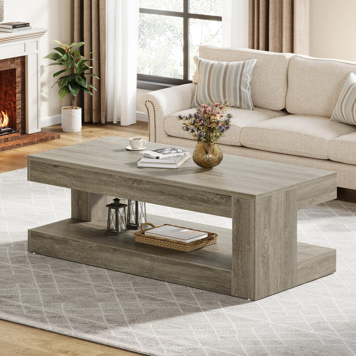 Tribesigns Coffee Table for Living Room, 47.24 Inch Farmhouse 2-Tier Accent Center Tea Cocktail Table with Storage, Elegant Grey, Rectangular Tribesigns
