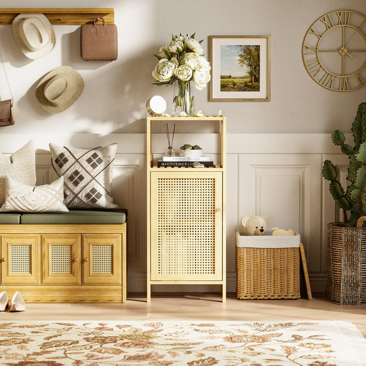 HITNET Rattan Bathroom Storage Cabinet, Small Bamboo Floor Cupboard with Door, Freestanding Narrow Side Organizer for Living Room, Kitchen, Entryway, Natural HITNET