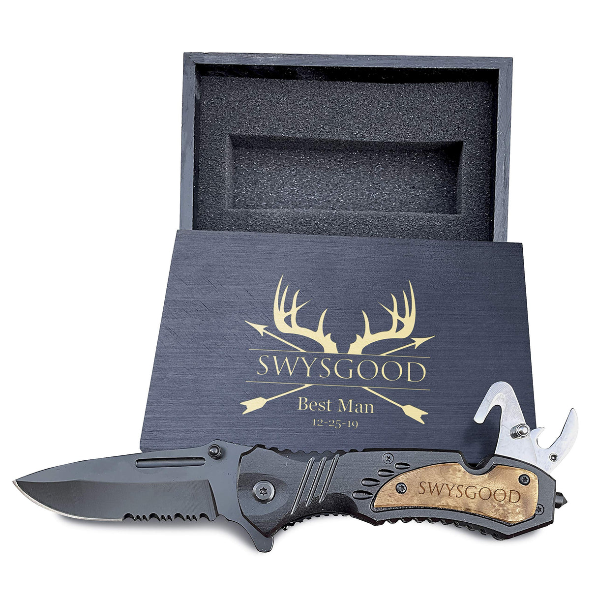 Krezy Case Deer Antlers Design Engraved Pocket Knife, 4.5" Folding Pocket Knife For Men with wooden black box, Laser Engraved Pocket Knife For Men, Hunting Knife Krezy Case
