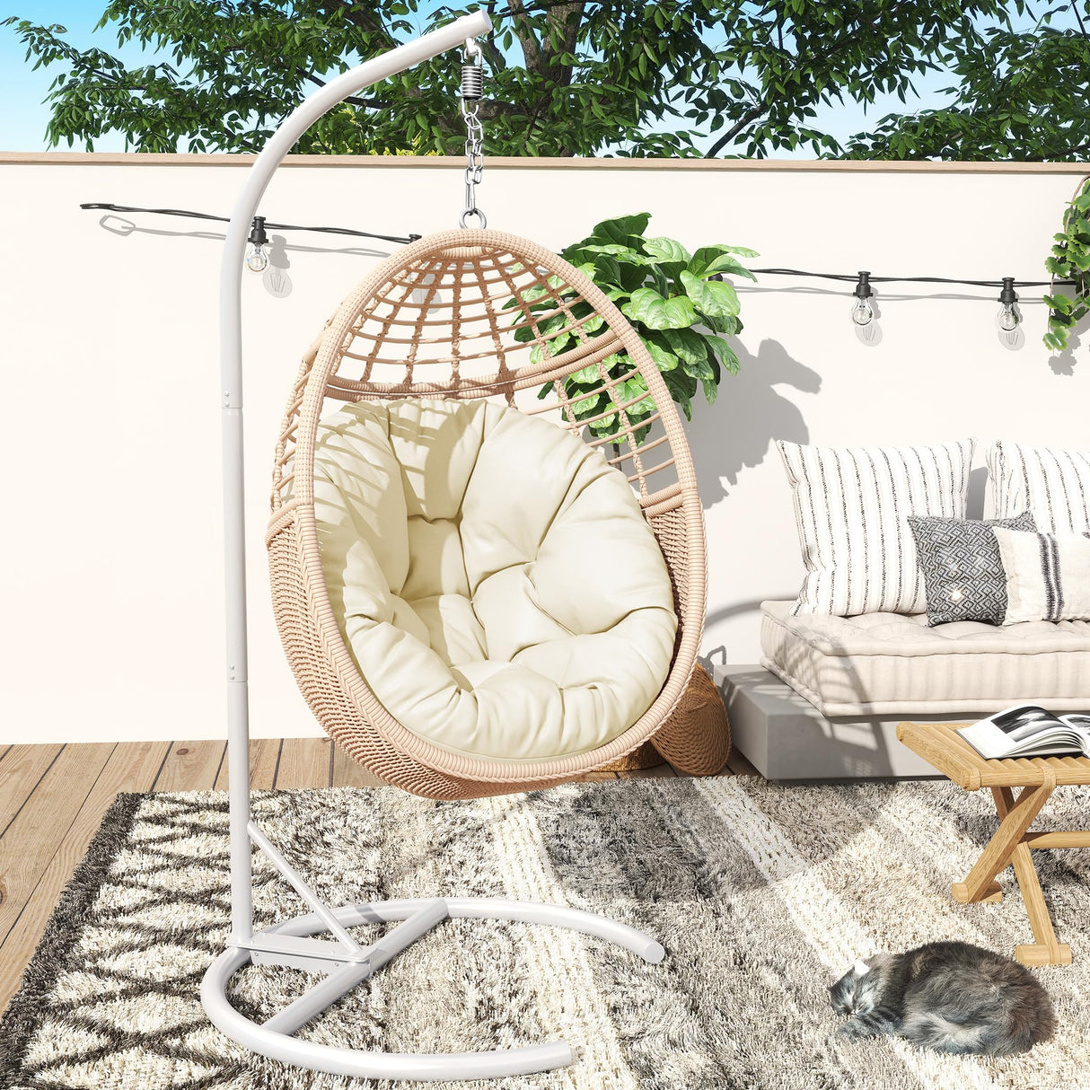 TWT Egg Chair Indoor Outdoor Patio Wicker Hanging Egg Chair Swing Egg Basket Chairs with Stand UV Resistant Cushions 350lbs Capacity for Patio Bedroom Balcony Xmas Gift Beige TWT