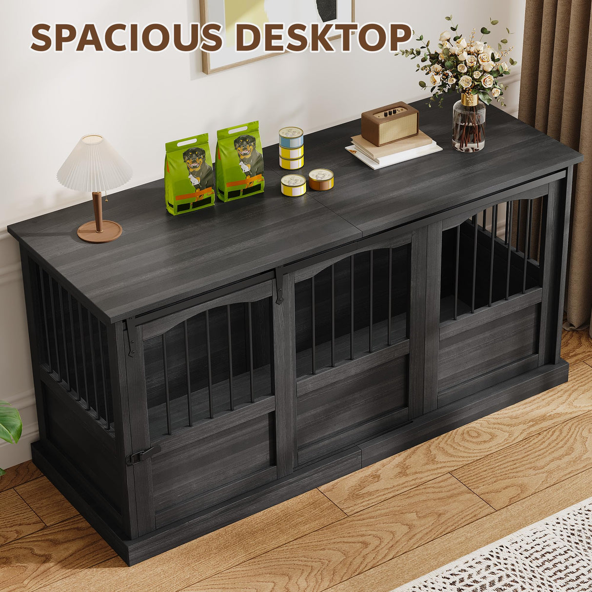 Homiflex 53.54 Inch Wooden Dog Crate Furniture Heavy Duty Dog Kennel Furniture with Sliding Doors for Large Breed Decorative Solid Wood Dog Cage End Table for Indoor, Dark Grey Homiflex