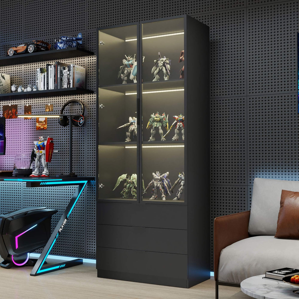 Vrmuxita Display Cabinet with Glass Doors: 79" Black Lighted Display Cabinet with 3 Drawers, Tall Bookcase with 2 Doors, Glass Door Bookcase for Living Room (Black) Vrmuxita