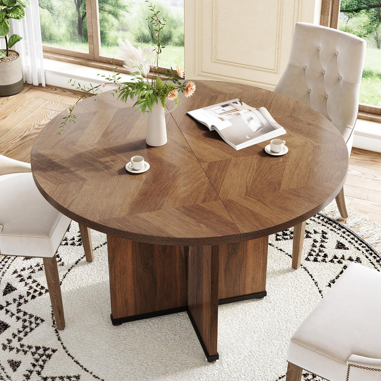 LITTLE TREE 39-Inch Round Dining Table for 4, Rustic Kitchen Table with X-Shaped Stable Pedestal, Farmhouse Dinner Table for Dining Room, Living Room, Dark Brown LITTLE TREE