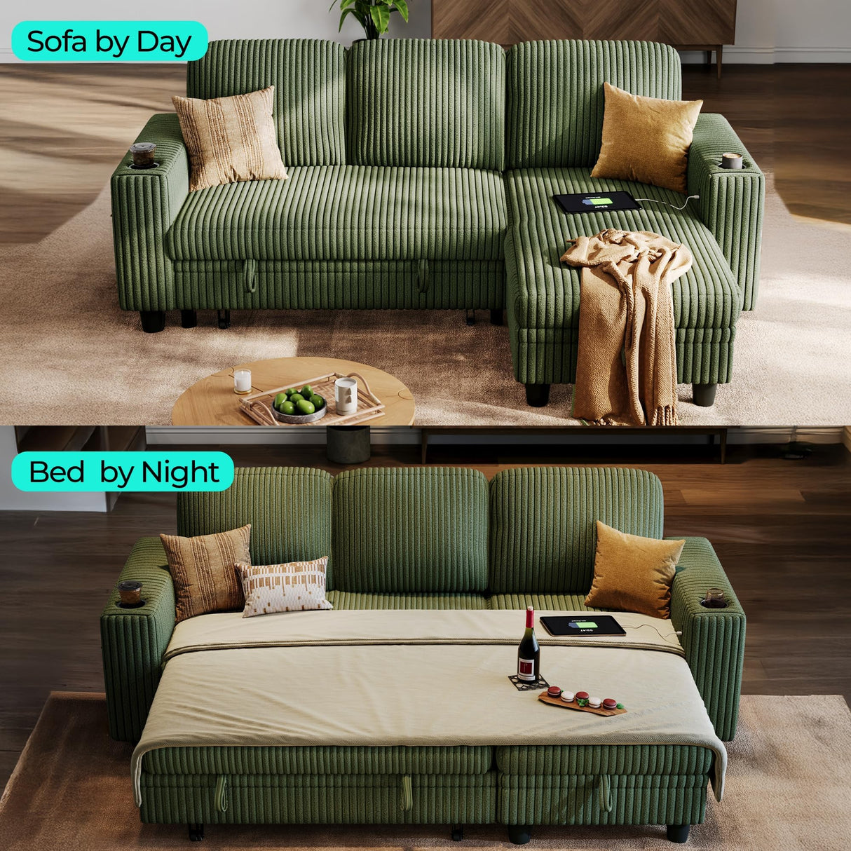 LINSY HOME Sectional Sleeper Sofa with Pull Out Couch Bed Convertible Plush Corduroy Cloud Couch with Storage Chaise & USB Charging, Comfy L Shaped Modular Couches for Living Room Apartment (Green) LINSY HOME