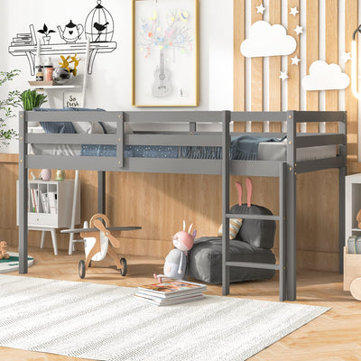 LoLado Twin Loft Bed - Grey Solid Wood Bed Frame with Guard Rails and Built-In Ladder for Kids