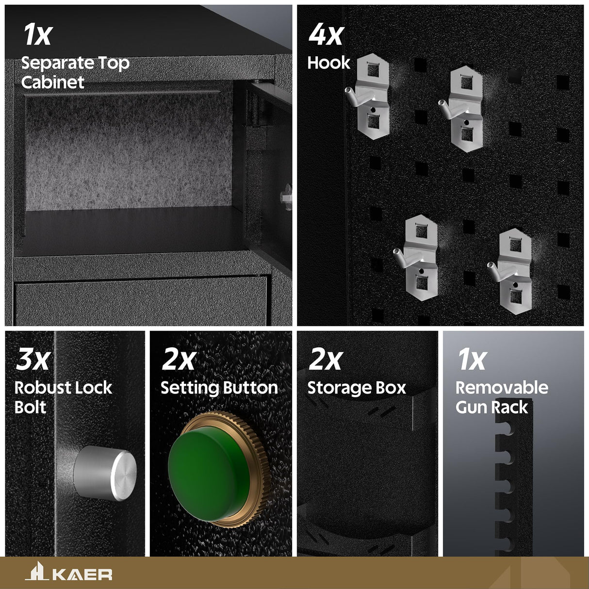 KAER 5 Gun Safe, Quick Access Gun Safe for Rifles and Pistols, Home Gun Rifle Safe with Separate Lock Box, Heavy Duty Large Gun Locker Cabinet with Hooks and Gun Rack for Shotguns, Assembled KAER