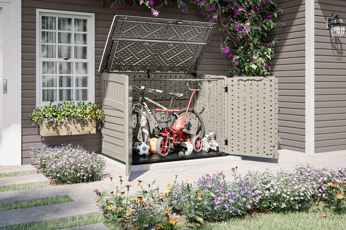 Suncast 5.9 ft. x 3.7 ft Horizontal Stow-Away Storage Shed - Natural Wood-Like Outdoor Storage for Trash Cans and Yard Tools - All-Weather Resin, Hinged Lid, Reinforced Floor - Made in The USA Suncast