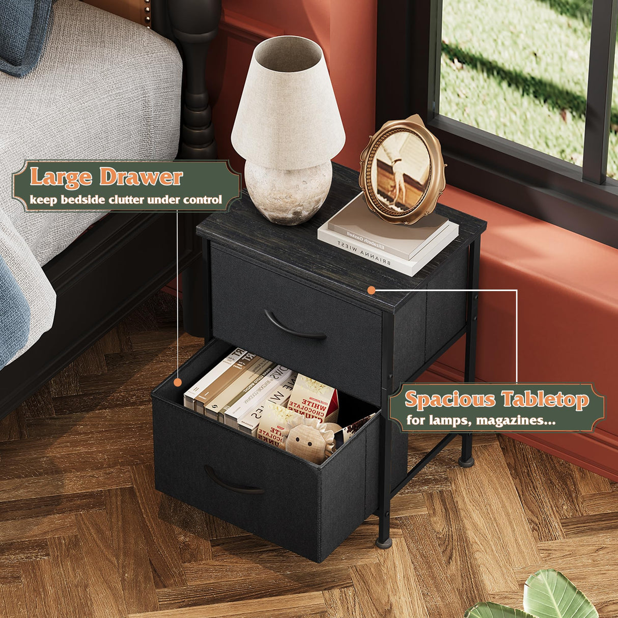 WLIVE Black Nightstand Set of 2, Night Stand with 2 Fabric Drawers, Small Dresser for Bedroom, Bedside Tables for Small Spaces, Dorm, Wood Top WLIVE