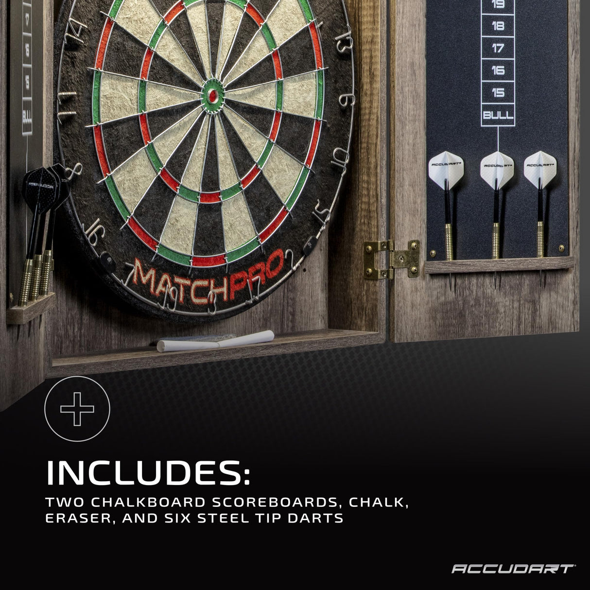 Accudart Match Pro Dartboard Cabinet Set - Official Size - Self Healing Sisal - Modern Style Woodgrain - Two Built-in Dartholders - LED Lighting - Includes Scoreboard, Chalk, Eraser, and Six Darts Accudart