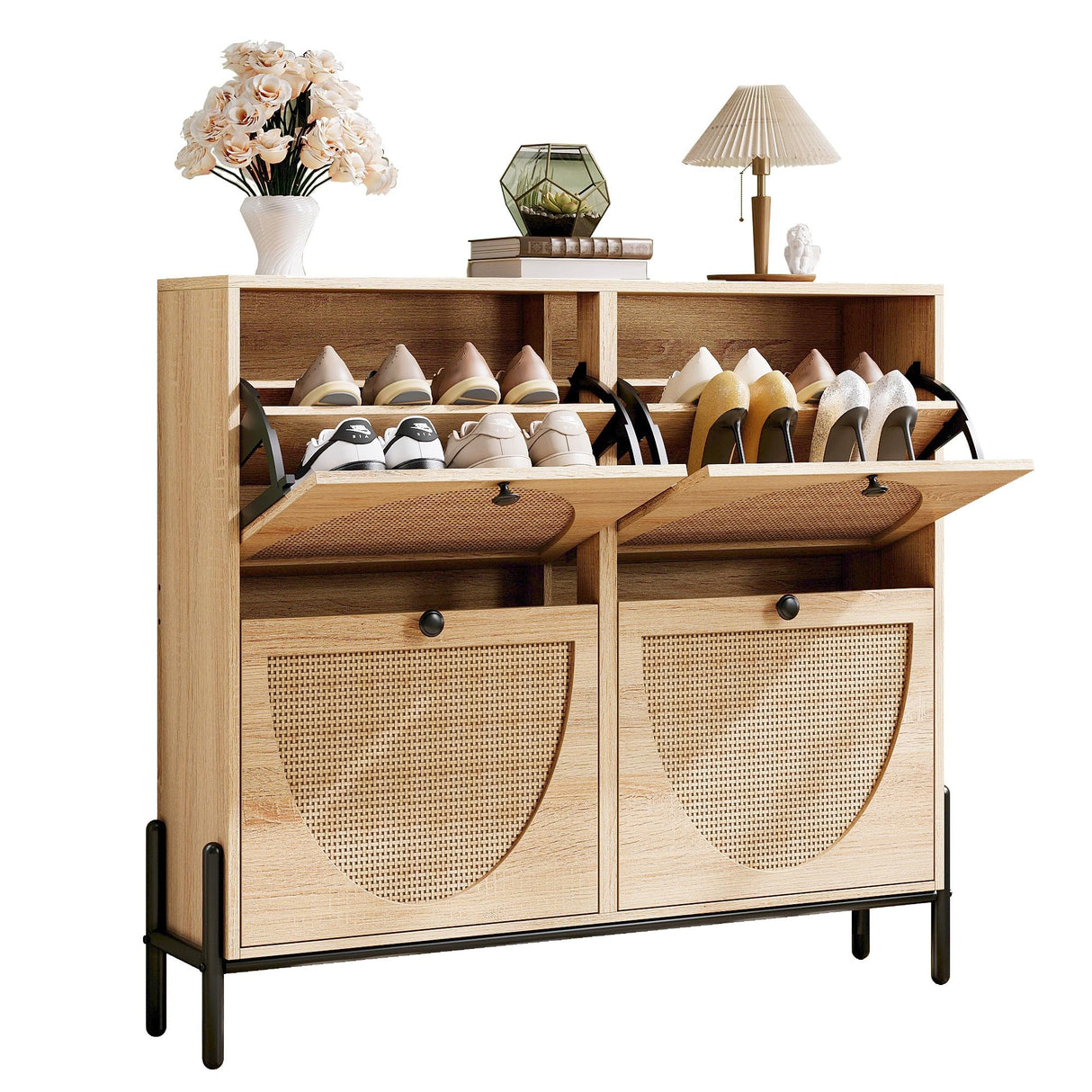 IRONCK Rattan Shoe Cabinet Storage with 4 Flip Drawers, Freestanding Shoe Storage Organizer Cabinet for Entryway, Narrow Shoe Rack Cabinet, Oak IRONCK