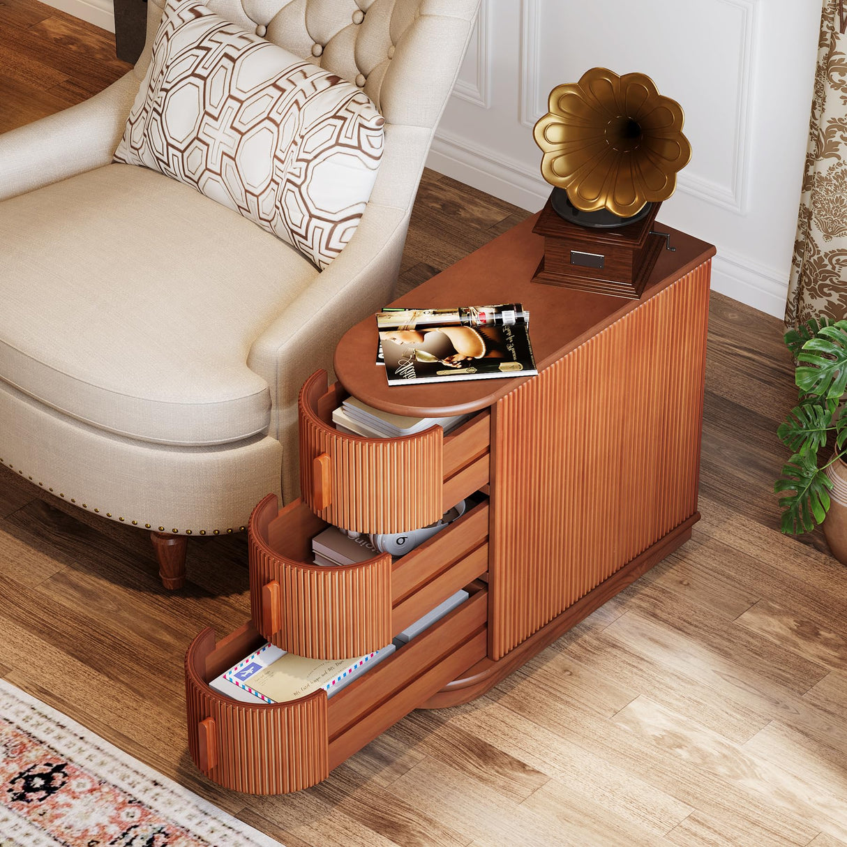 Tribesigns Set of 2 3-Drawer Solid Wood End Table, 2-Pack Modern Sofa Side Table, Narrow Chair Side Table Slim Nightstand for Living Room, Bedroom, Finished Back, No Assembly Required, Walnut Tribesigns