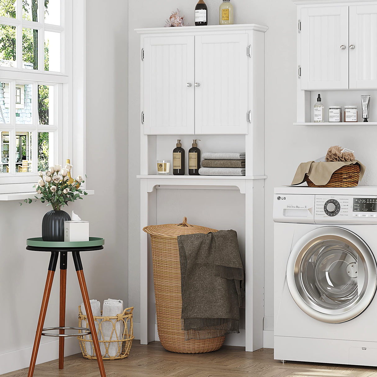 UTEX Bathroom Storage Over The Toilet, Bathroom Cabinet Organizer with Adjustable Shelves and Double Doors, Wood Bathroom Space Saver, White UTEX