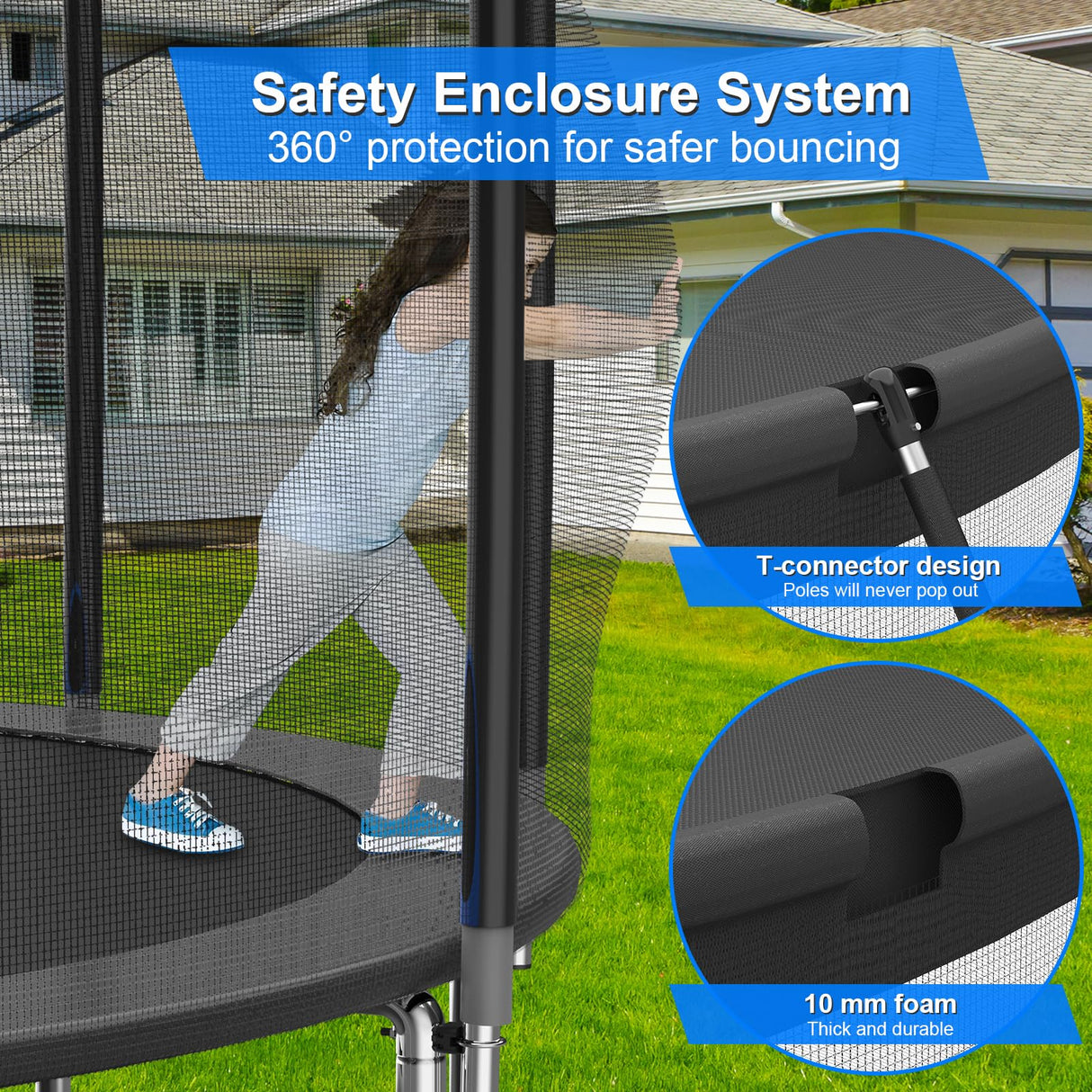 YSSOA 12FT Trampoline for Kids and Adults - Recreational Trampolines with Safety Enclosure, Wind Stakes, 400LBS Weight Capacity, Black Outside Net YSSOA