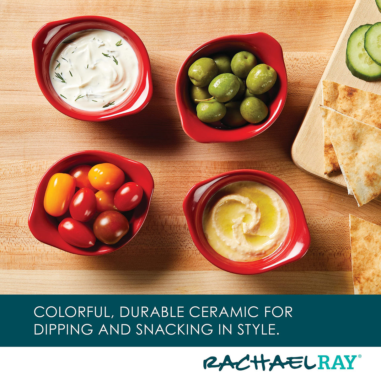 Rachael Ray Solid Glaze Ceramics Round Ramekins/Dipping Cup Set, 4 Piece, Red Rachael Ray