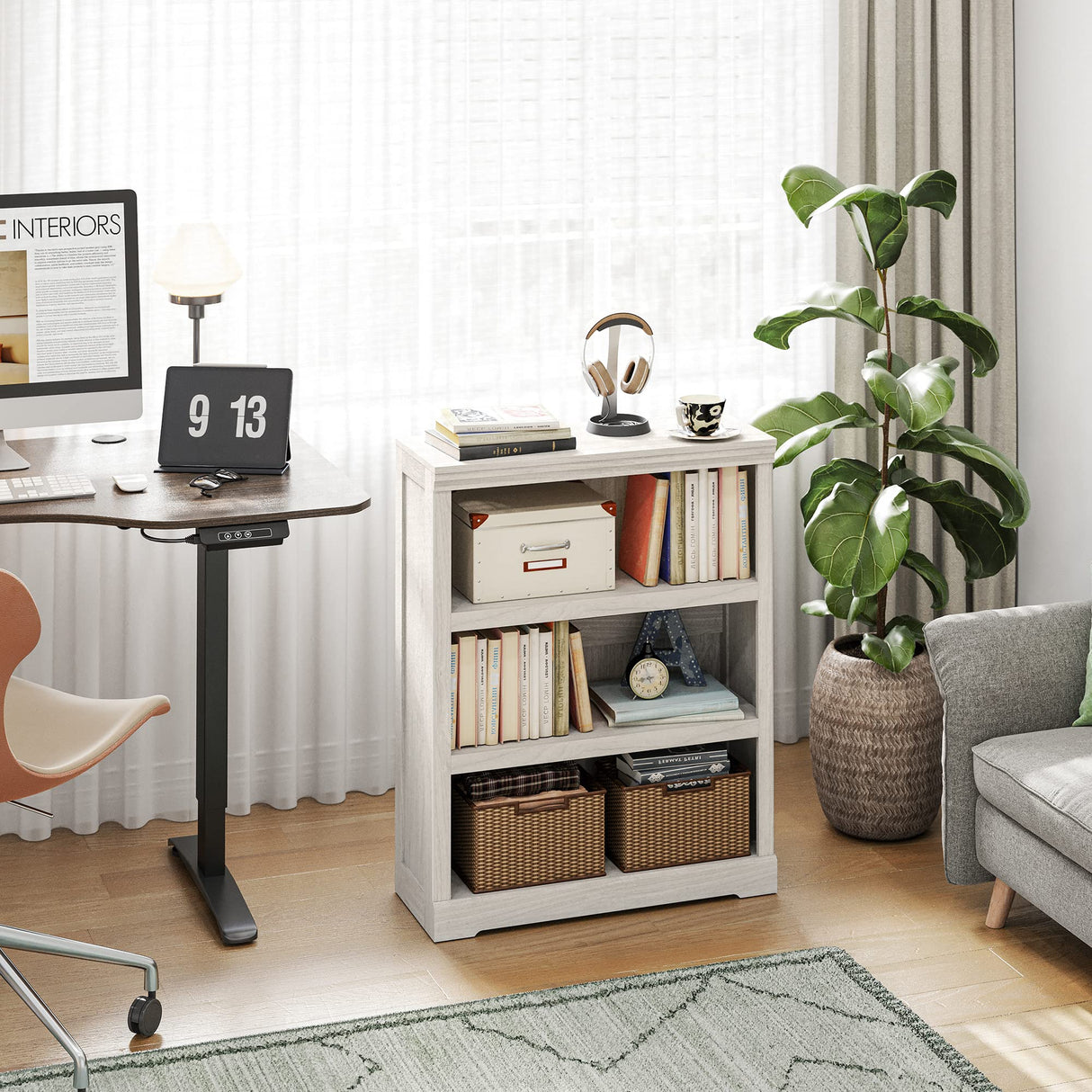 LINSY HOME 3-Tier Bookcase and Bookshelf, Small Wood Display Storage Shelves Farmhouse Bookshelf for Home Office, Living Room, Bed Room - White Oak LINSY HOME