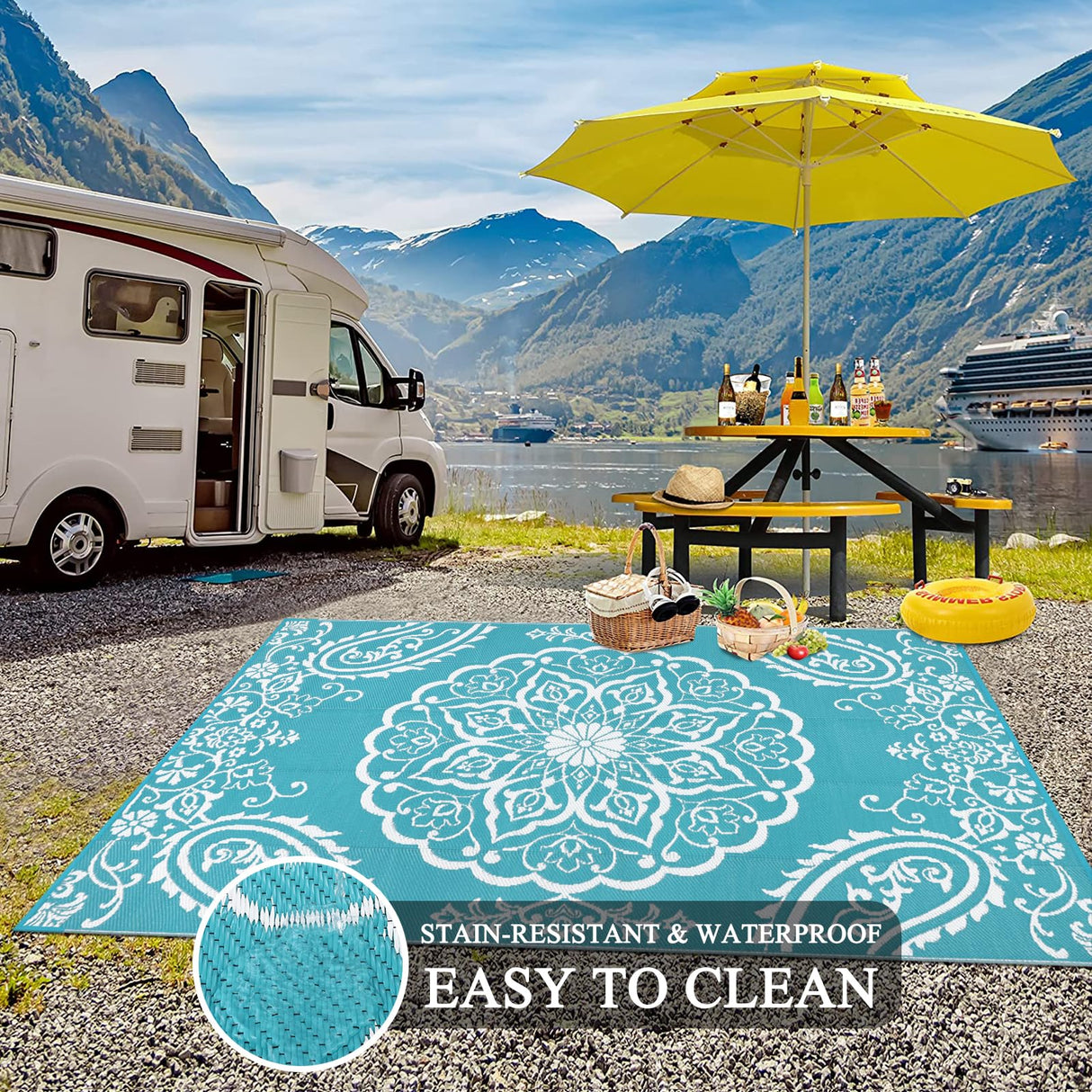 Pauwer Waterproof Outdoor Rug 5x8, Reversible Plastic Straw Patio Camping Rug, Indoor Outdoor RV Mat Carpet for Deck, Camper, Porch, Balcony, Backyard, Picnic, Boho Teal Pauwer