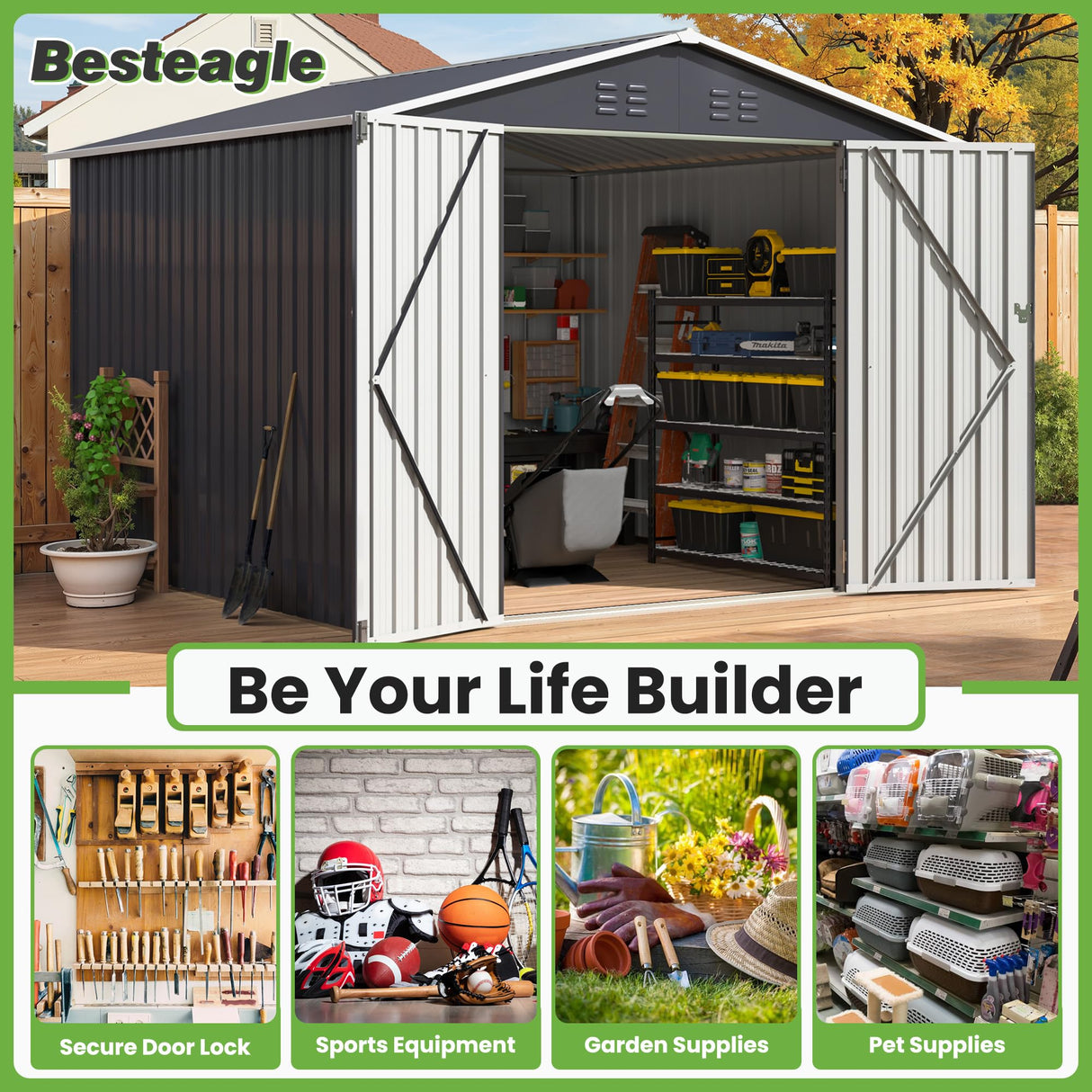 Besteagle 8x8 FT Outdoor Storage Shed, Utility Metal Tool Storage with Lockable Doors and Updated Frame Structure, Large Metal Garden Shed for Backyard, Patio Lawn, Black Besteagle
