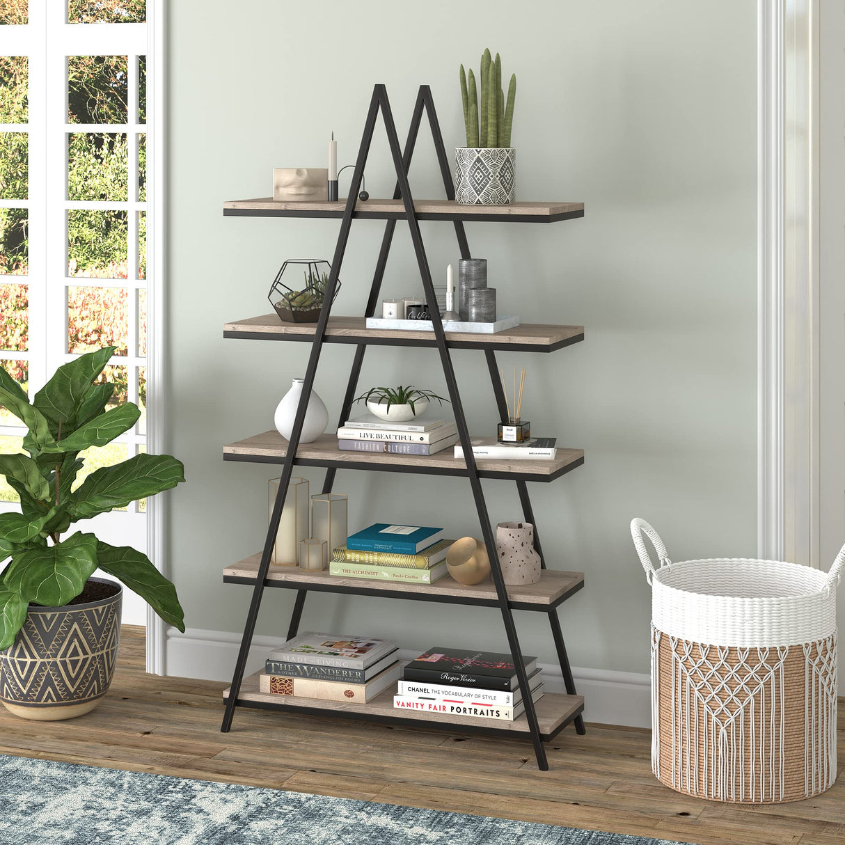 Henn&Hart 68'' Tall A-Frame Bookcase in Blackened Bronze/Antiqued Gray Oak, for Home, Living Room, Bedroom, Entertainment Room, Office Henn&Hart
