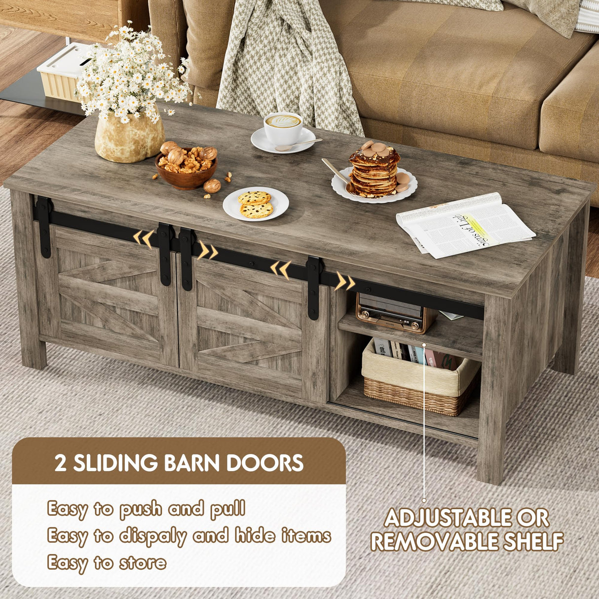 JUMMICO Farmhouse Coffee Table with Storage & Sliding Barn Doors, Modern Rustic Living Room Table with Adjustable Shelves, Wooden Rustic Center Table for Living Room (Light Rustic Oak) JUMMICO