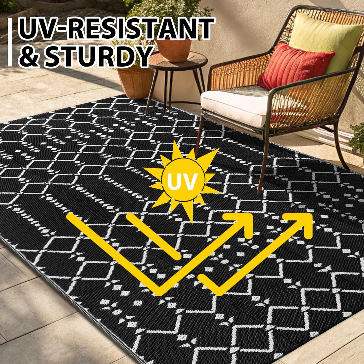 Smiry Outdoor Rug 5x8 ft, Waterproof Reversible Plastic Straw Rugs, Boho Outdoor Area Rug, Outside Floor Mat for Patio, Backyard, Deck, Picnic, Beach, Camping, Black Smiry