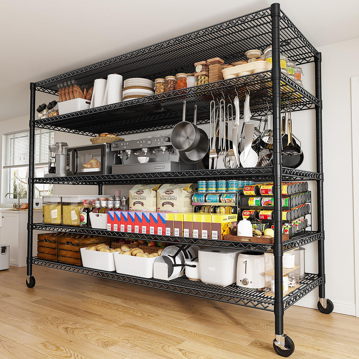 REIBII 85.7"H Storage Shelves 2998LBS Metal Shelving Units with Wheels&Feet, 5 Tier Garage Shelving Heavy Duty Adjustable Wire Shelf for Pantry Garage Commercial Industrials, 85.7"H X 55.5"W X 24.2"D REIBII