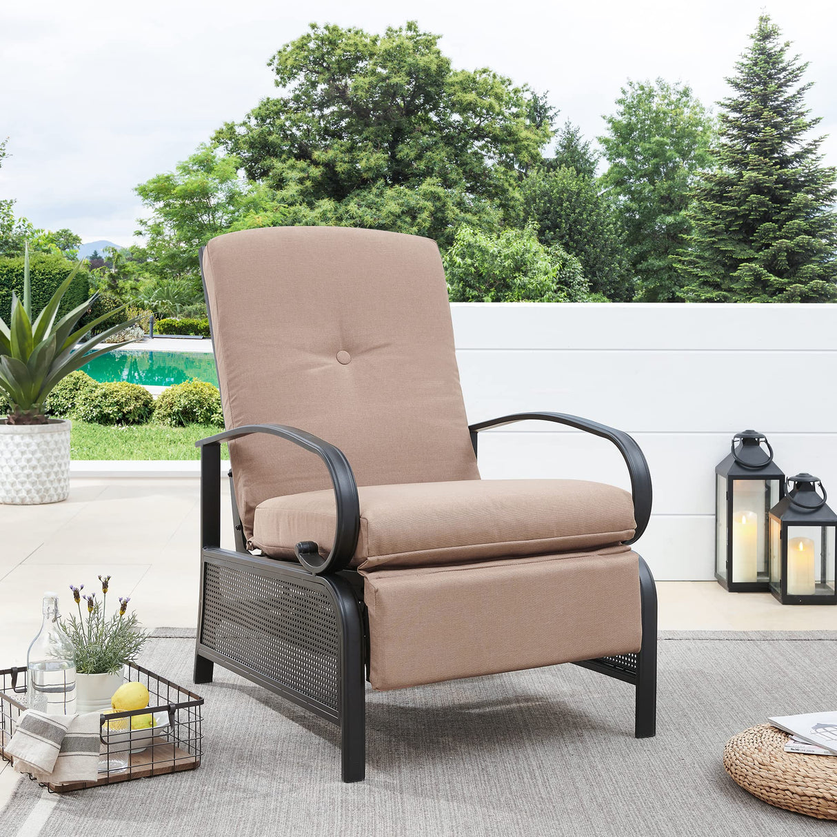Ulax Furniture Patio Recliner Chair Automatic Adjustable Back Outdoor Lounge Recliner Chair with 100% Olefin Cushion (Beige) Ulax furniture