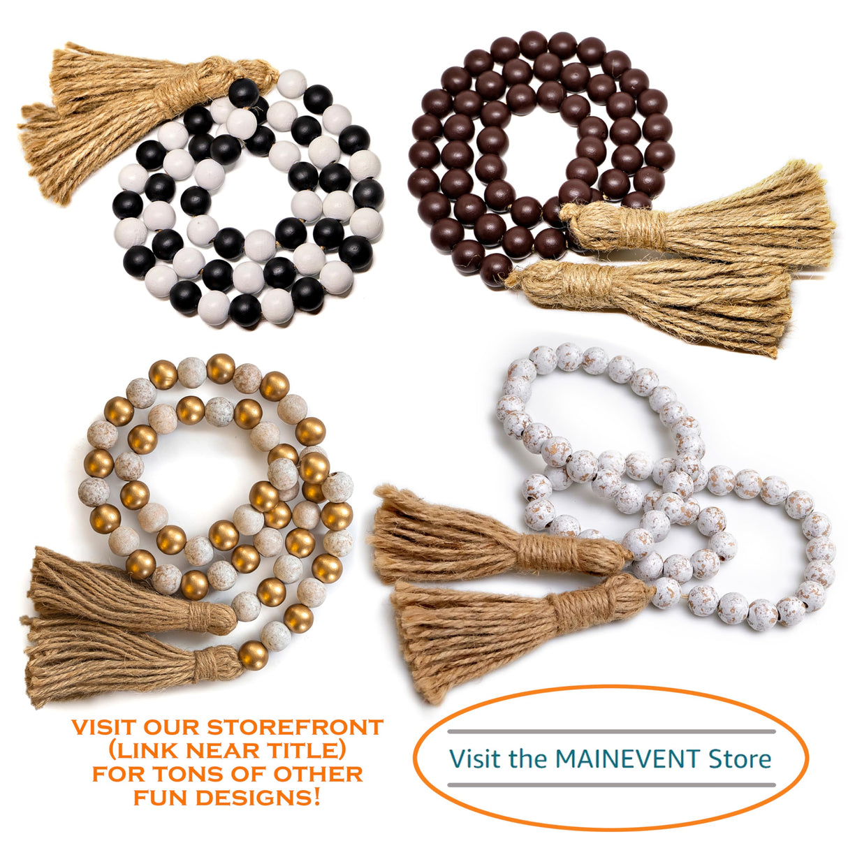 Farmhouse Wood Bead Garland Home Decor, Natural Wooden Garland for Tiered Tray, Decorative Tassel Garland for Tier Tray, Rustic Beads Centerpiece Boho Table Decor, Garland Beaded Accent White Washed MAINEVENT