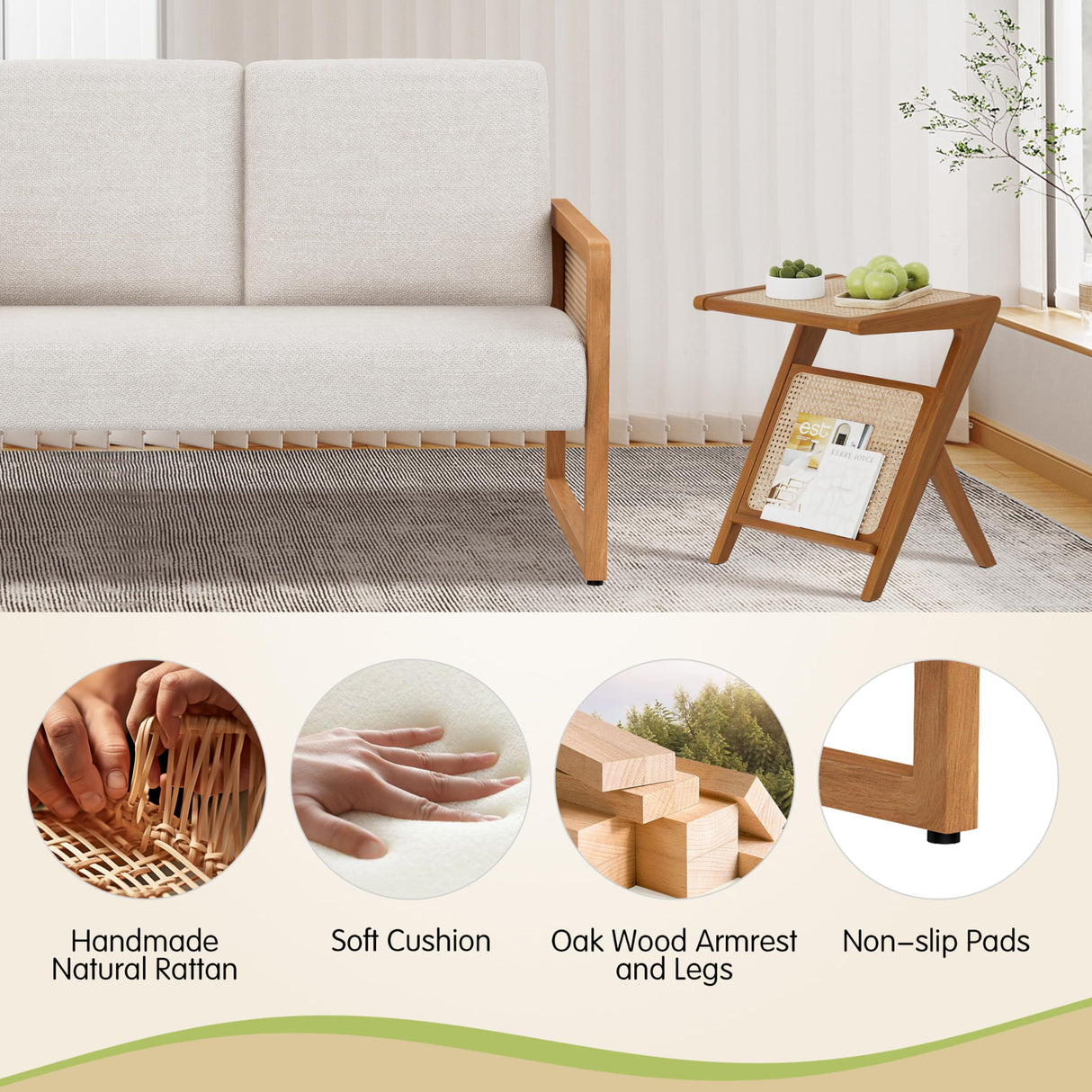 Alunaune Modern Loveseat Bench Couch with Natural Rattan Arm, Upholstered Linen Small Love Seat Sofa 2-Seats Living Room Couch Settee, Comfy Lounge Recliner Chair-Ivory Alunaune