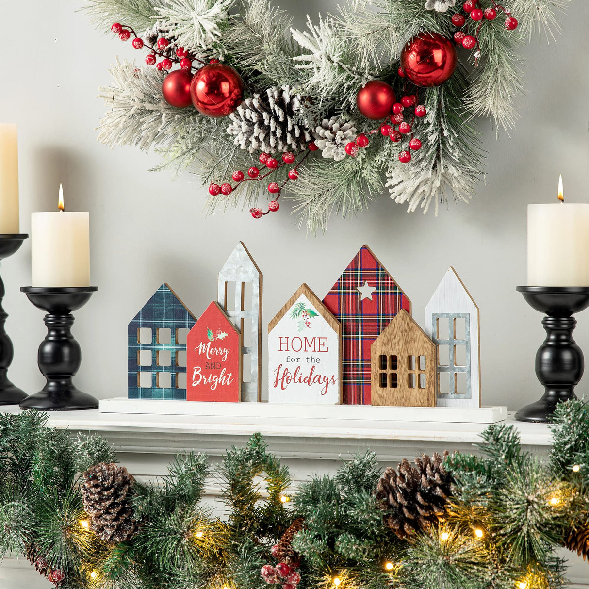 Glitzhome Farmhouse Table Christmas Decor, Rustic Wooden House Block Table Top Christmas Decorations, Home Merry Christmas Sign Desk Shelf Ornaments, Winter Holiday Xmas Tabletop Centerpiece Sign Glitzhome