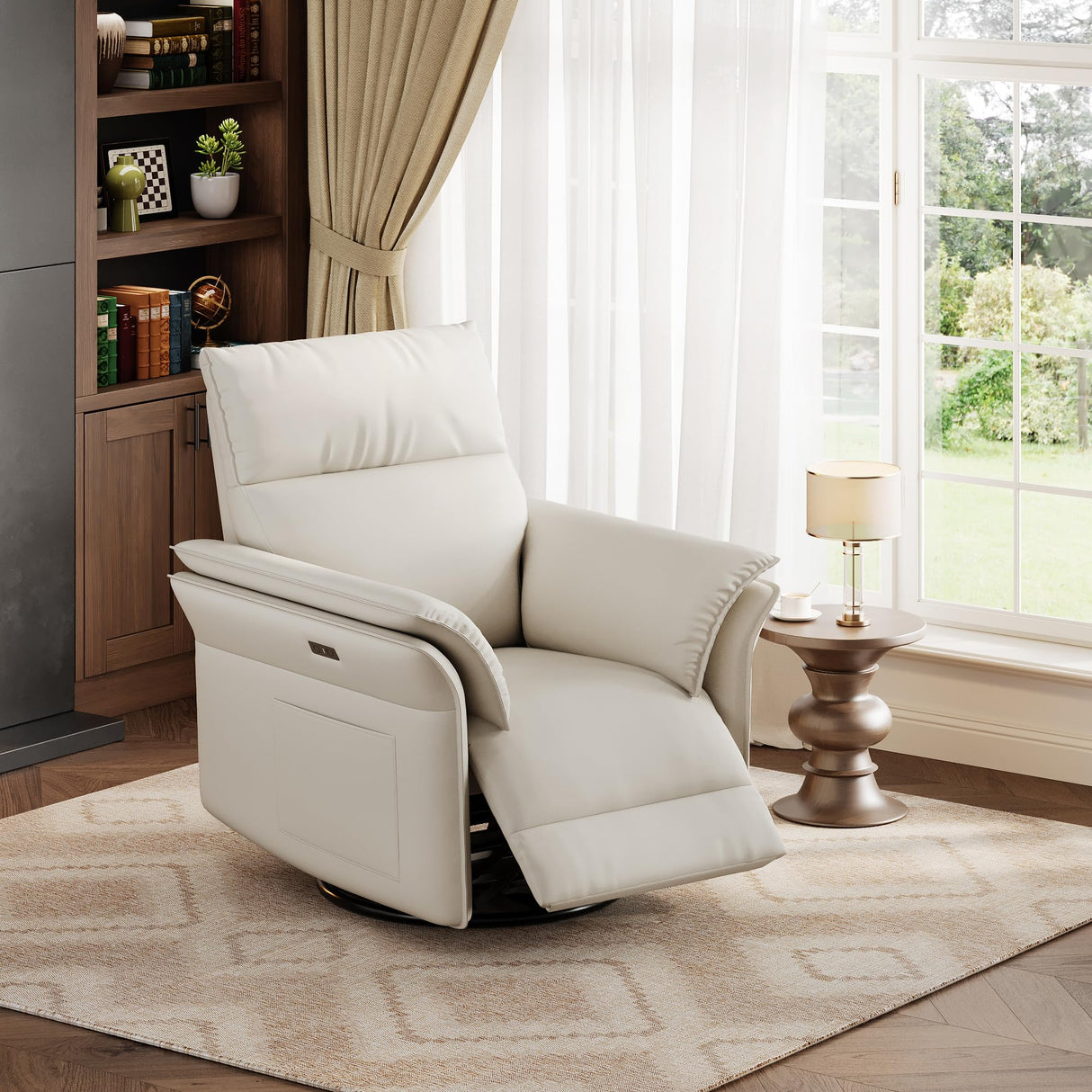 GarveeHome Power Recliner Chair, 270° Swivel Rocking Glider with USB Charging Port, PU Leather Upholstered Fabric and Double-Layer Armrests, Nursery Chair for Living Room, Nursery(Off-White) GarveeHome
