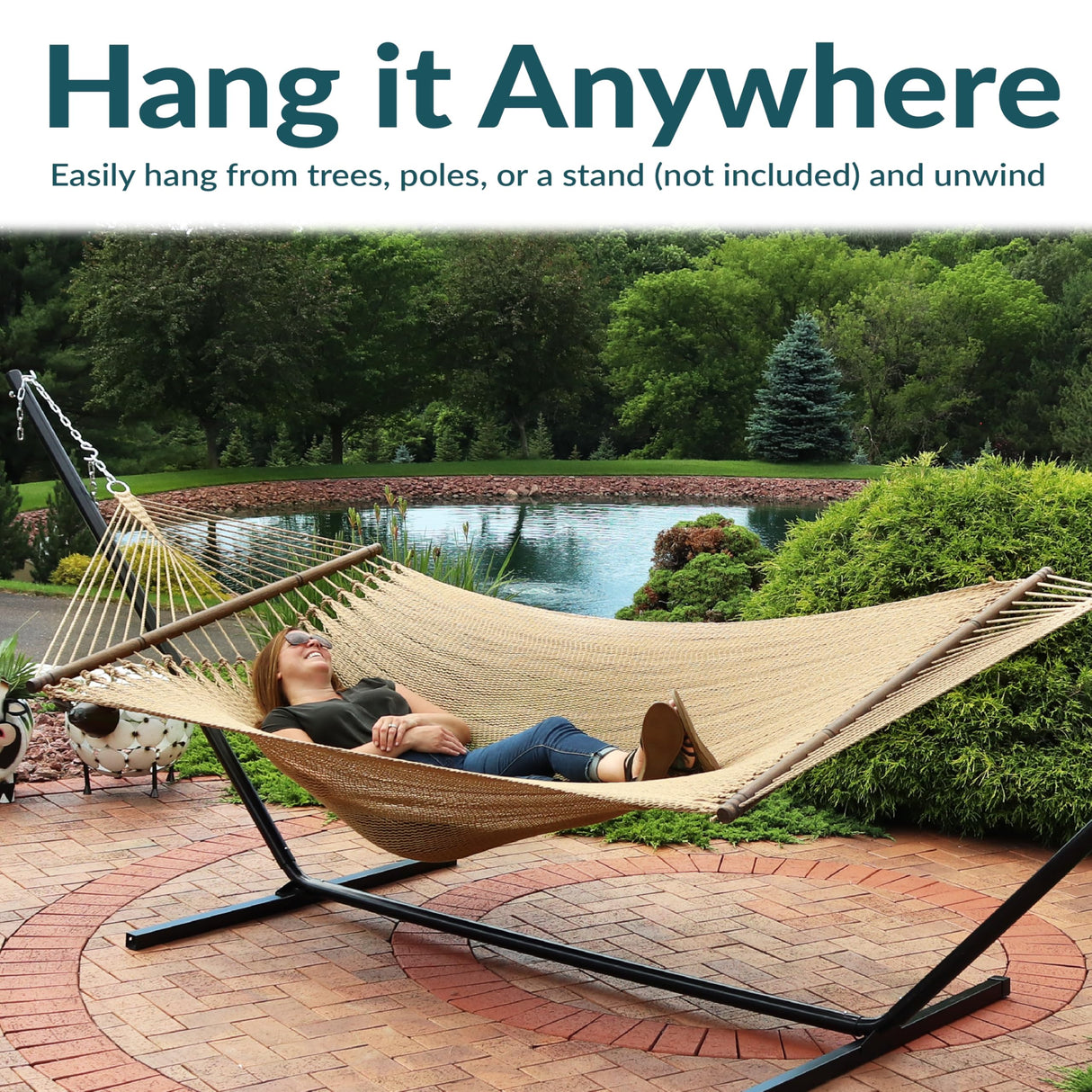 Sunnydaze Soft-Spun Polyester Rope Double Hammock for Outside - 600-Pound Weight Capacity Extra Large Hammock - Tan Sunnydaze