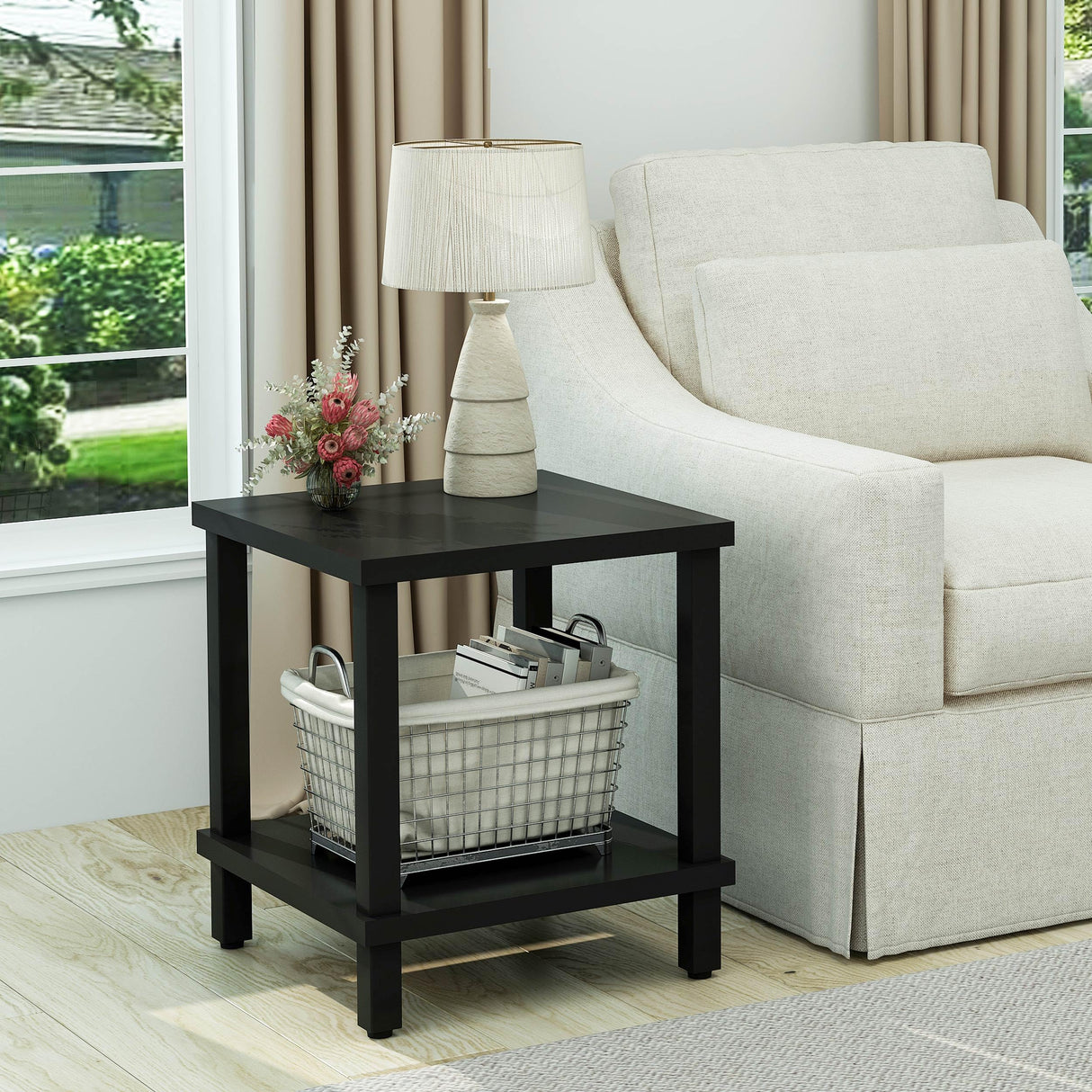 MMEOLUOOK Large End Table Square Side Table Modern Sofa Table 20 Inch Industrial Coffee Table NightStand with 2-Tier Storage Shelf for Living Room Bedroom Black MLBZ06B