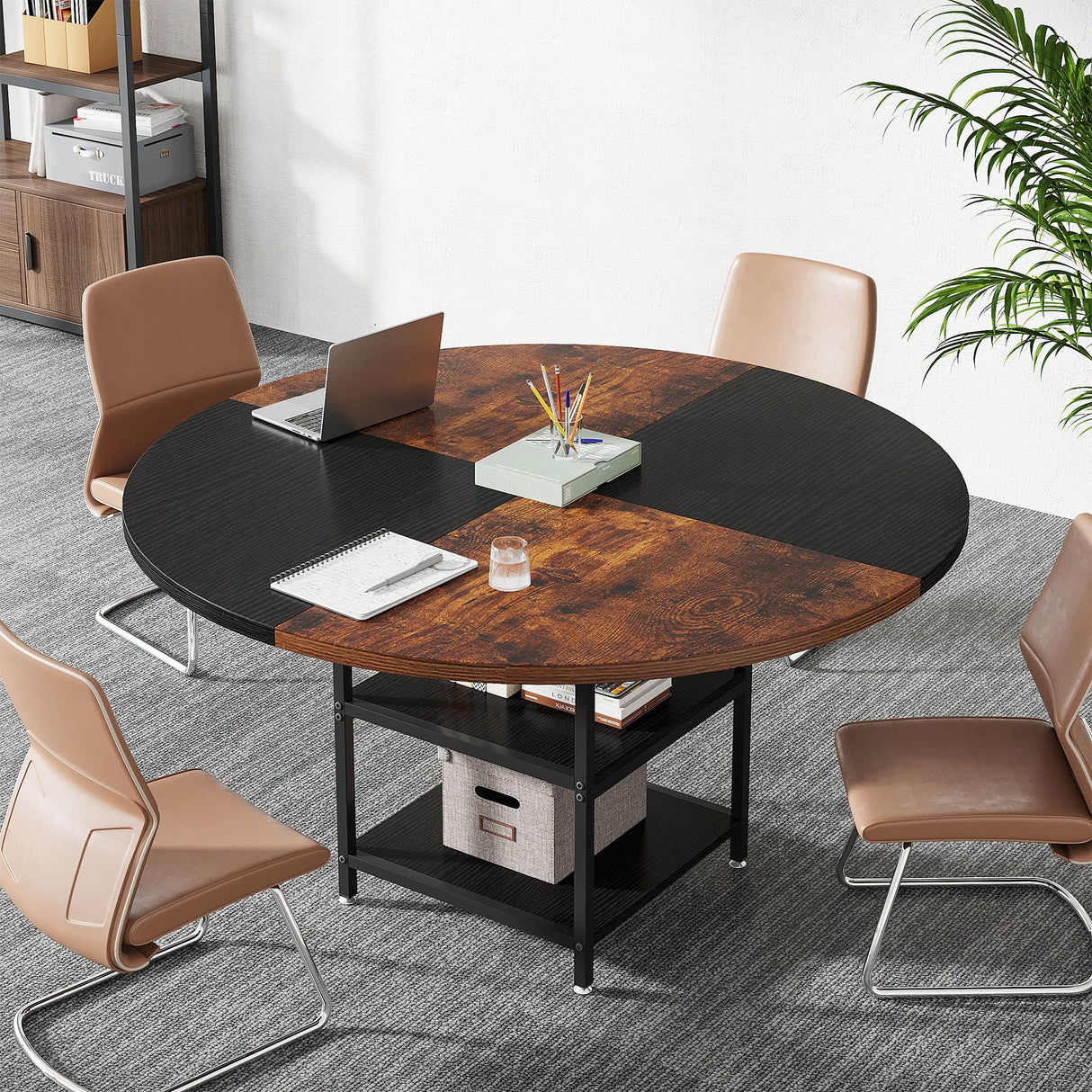 Tribesigns 47-Inch Round Conference Table for 4-6 People, Wood Meeting Room Table with Storage Shelf and Metal Legs, Modern Office Training Desk for Conference Room Seminar Room (Black Brown) Tribesigns
