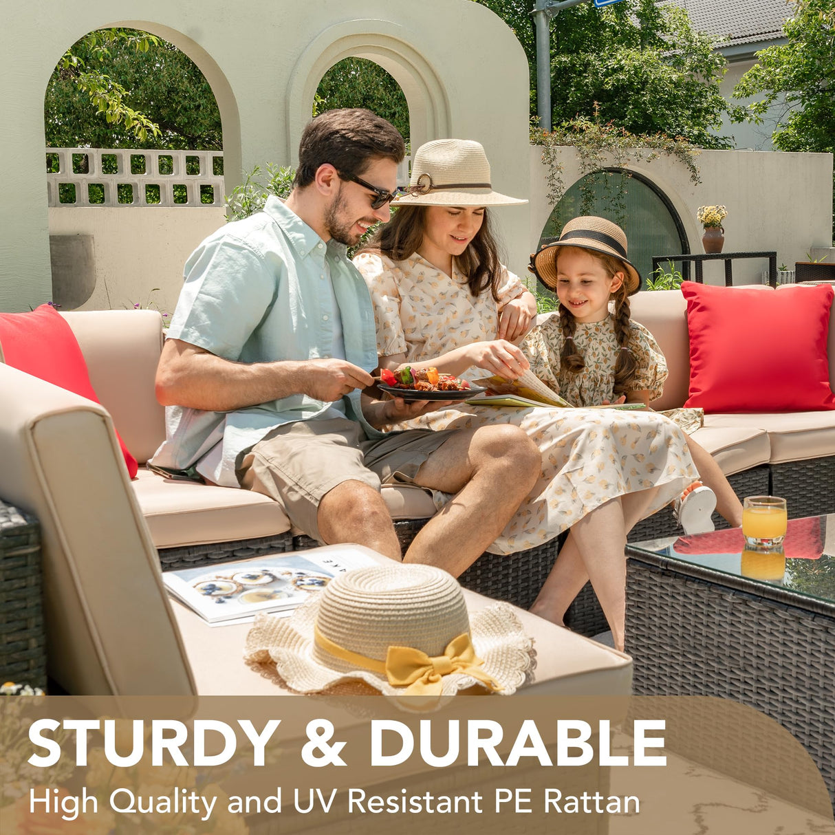 Devoko Patio Furniture Sets 6 Pieces Outdoor Sectional Rattan Sofa Manual Weaving Wicker Patio Conversation Set with Glass Table and Cushion (Beige) Devoko