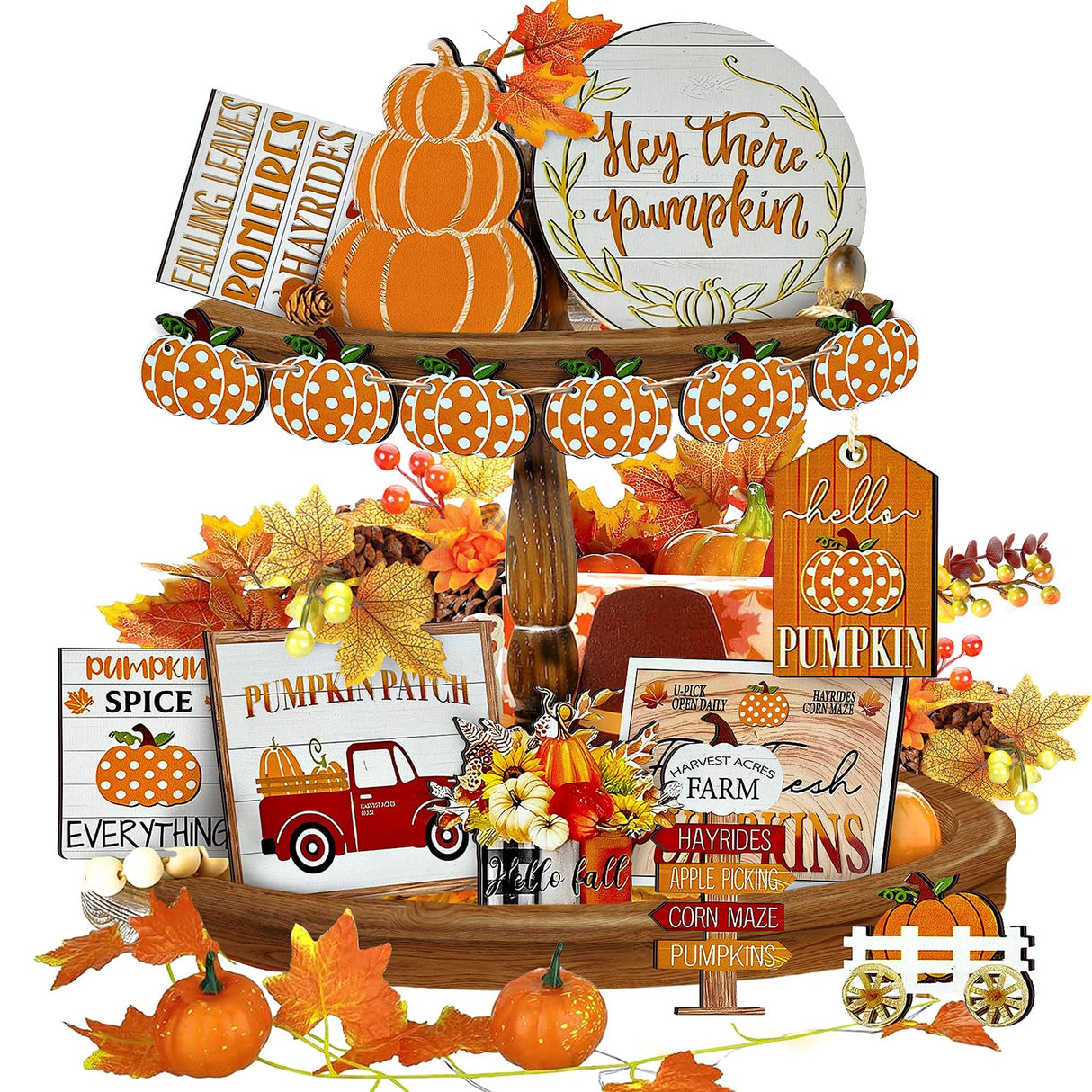 Thanksgiving Tiered Tray Decor Set Pumpkin Home Decorations Rustic Farmhouse Truck Wooden Sign Spice Blocks Autumn Sign for Festival Gift Tabletop (Pumpkin) LWuuywa