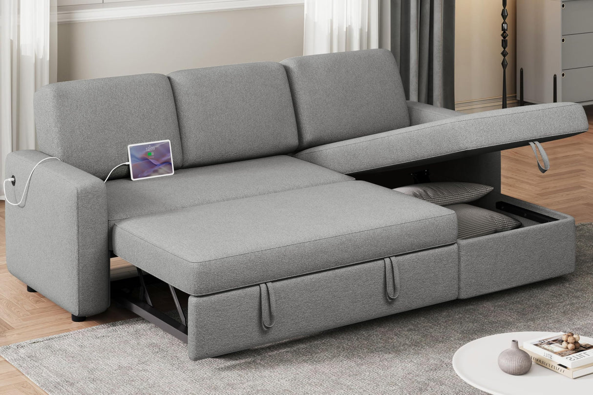 Yaheetech Sectional Sofa L-Shaped Sofa Couch Bed w/Chaise & USB, Reversible Couch Sleeper w/Pull Out Bed & Storage Space, 4-seat Fabric Convertible Sofa, Pull Out Couch Light Gray Yaheetech
