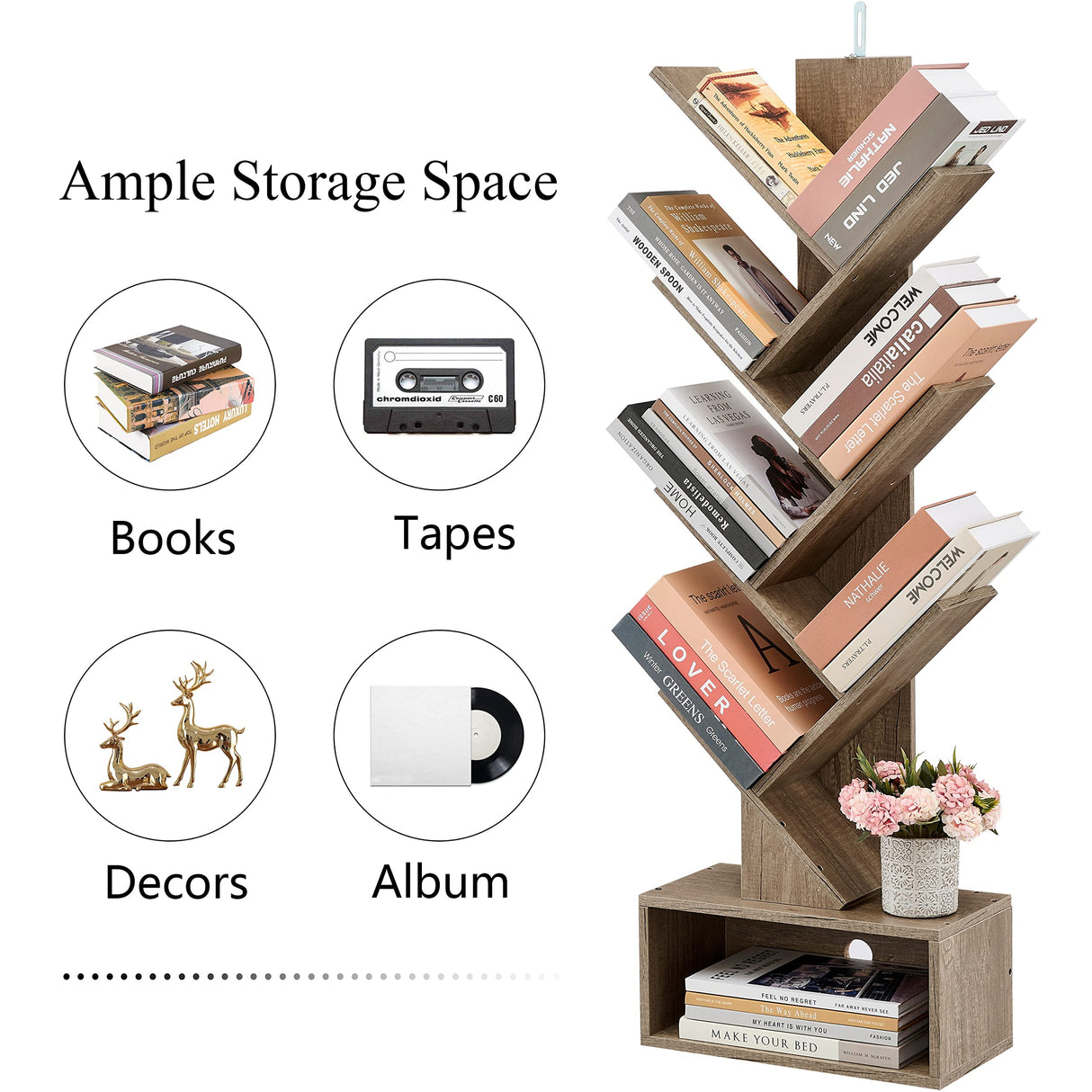 Hoctieon 6 Tier Tree Bookshelf, Tall Bookcase with Drawer, Freestanding Book Shelf, Display Floor Standing Storage Shelf, Book Organizer Shelves for Home Office, Living Room, Bedroom, Greige Hoctieon