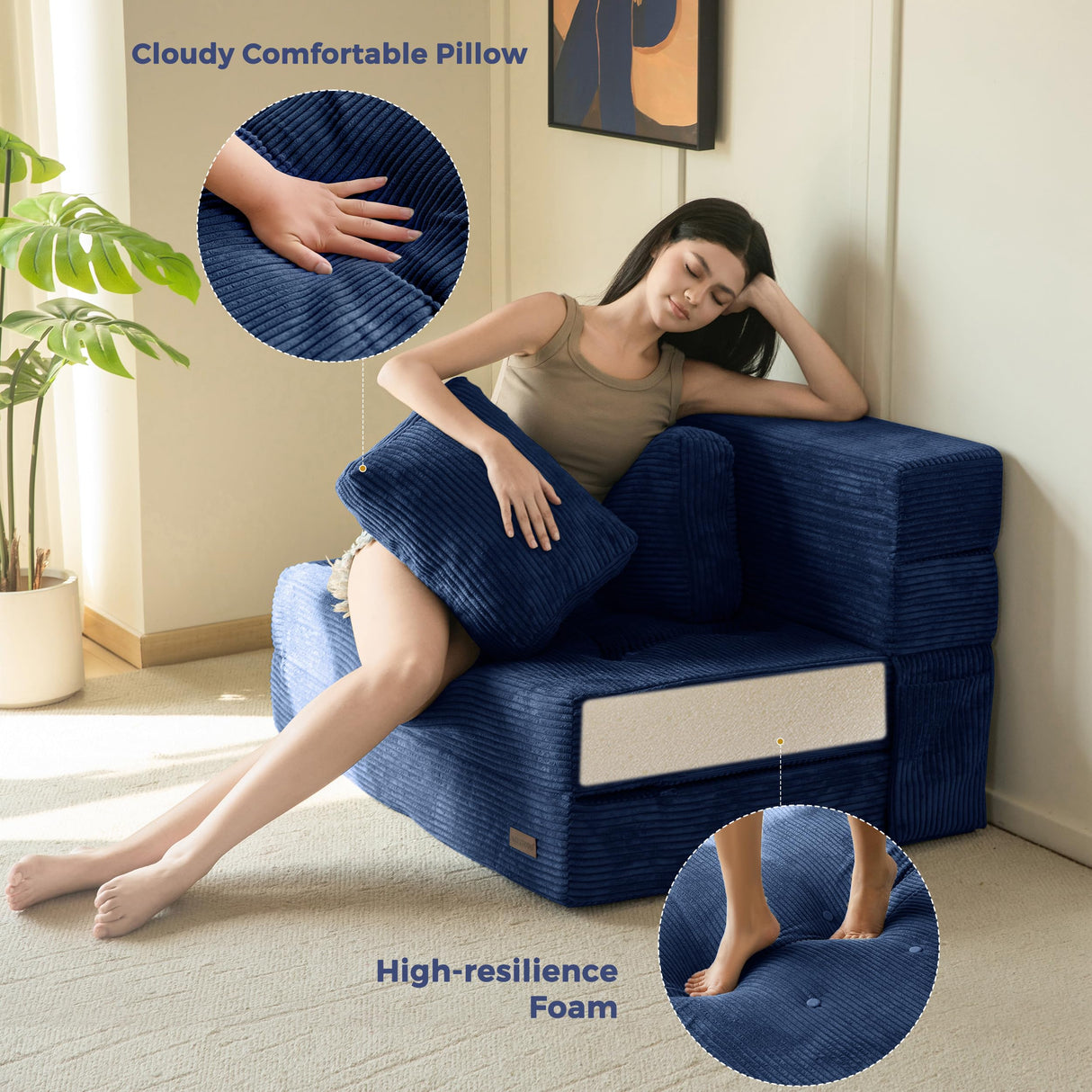 MAXYOYO Convertible Sofa Bed, Fold Out Loveseat Sleeper Sofa with Pillow, 4 in 1 Tufted Folding Couch Bed Foam Floor Couch, Lazy Chair for Living Room Bedroom Guest Room, Navy MAXYOYO