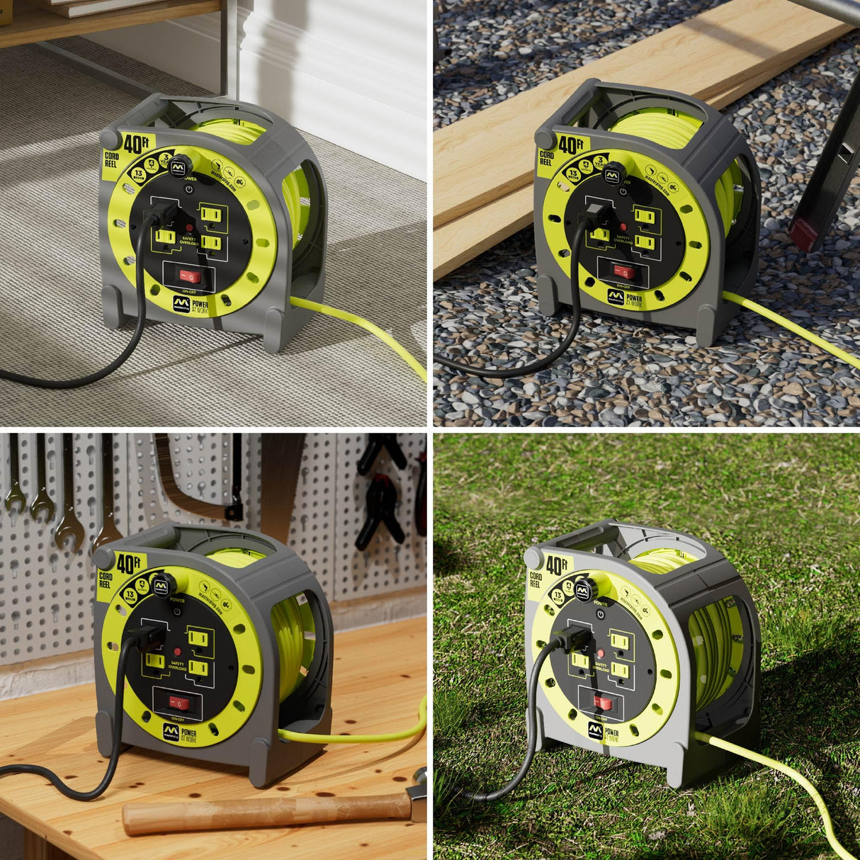 Masterplug 40ft Case Cord Reel, Retractable Extension Lead with Winding Handle, Safety Overload Circuit Breaker and Power Switch, 4x Grounded Outlets, 13amps, 14AWG Cable Masterplug