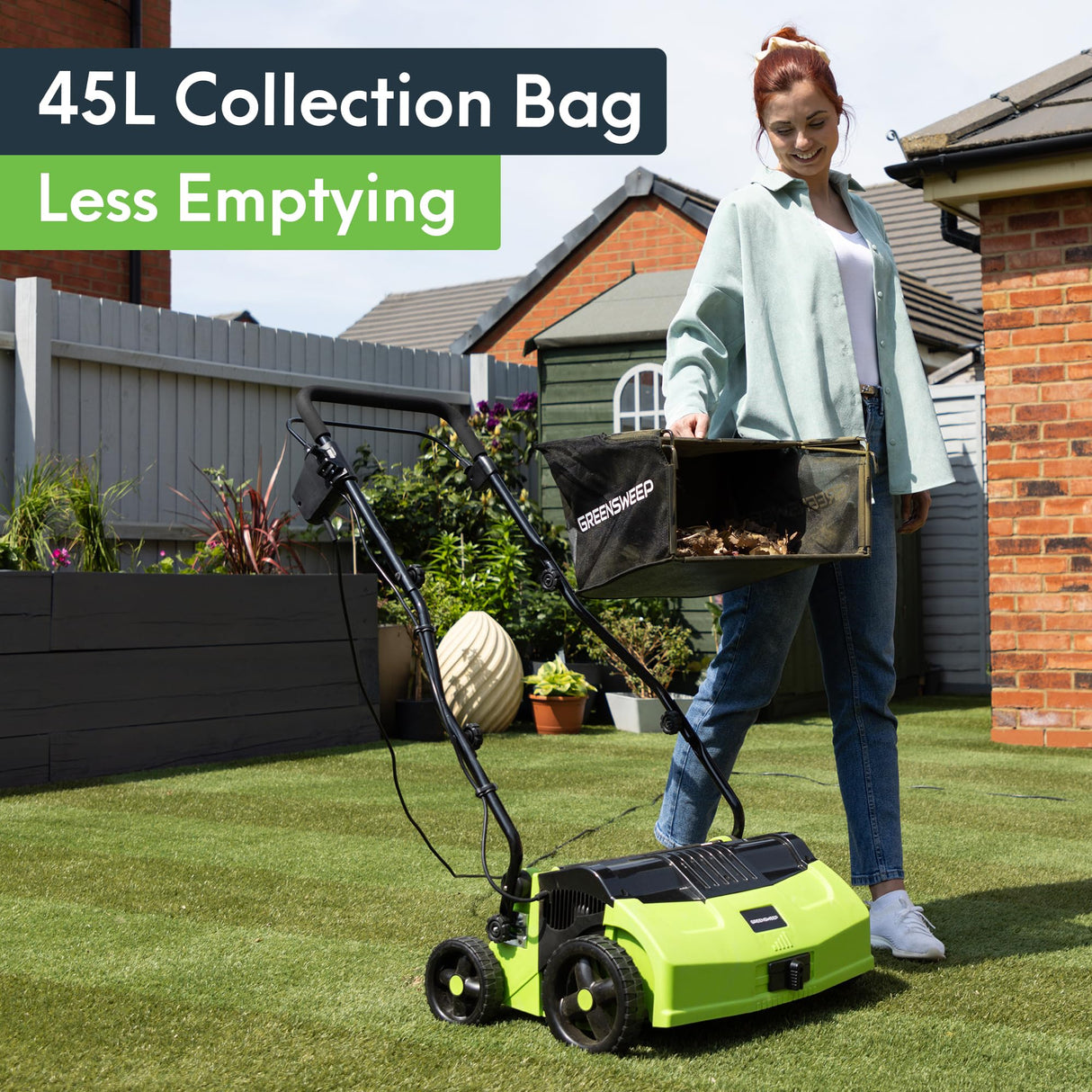 GreenSweep V2 - Artificial Grass Electric Sweeper Rake Vacuum 45L Collection Bag,5 Adjustable Heights, Foldable Handle RGS Living