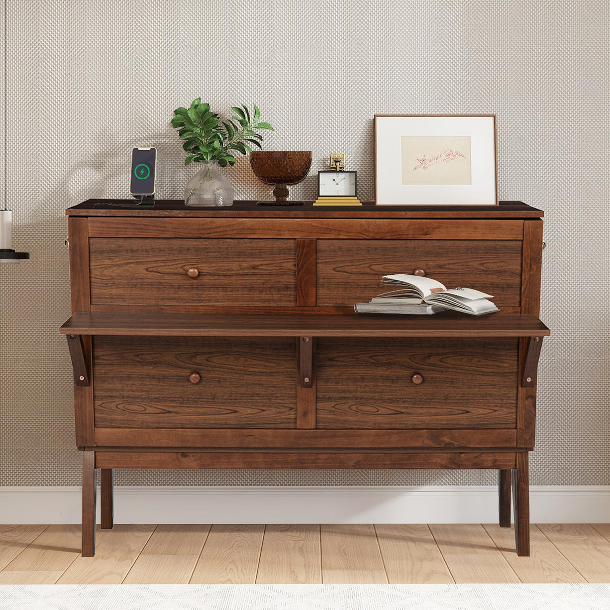 DaiNNCN Foldable Full Size Murphy Cabinet Bed with Desk and Removable Pull-Out Shelves/USB-Port, Murphy Chest Hidden Bed with Storage, Space Saving-Walnut DaiNNCN