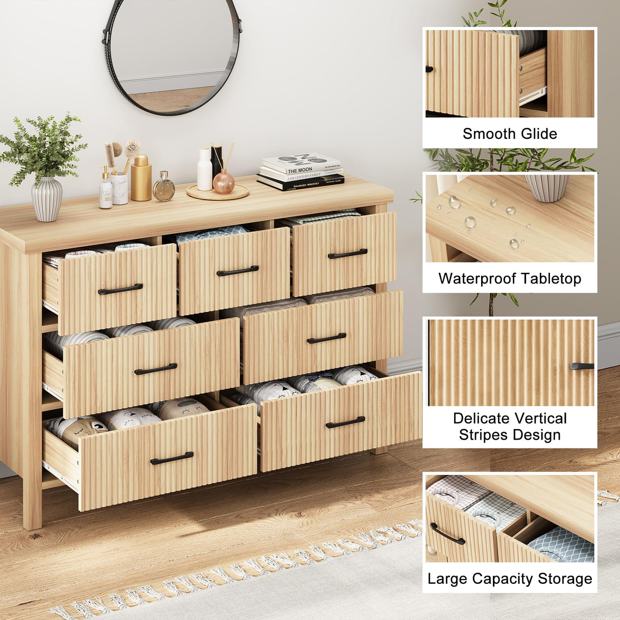 Jocoevol Fluted 7 Drawers Dresser for Bedroom, Boho Chest of Drawers with Metal Handle, Wood Dresser TV Stand, Wooden Closet Clothes Storage Organizer for Living Room, Hallway (Natural Oak) Jocoevol