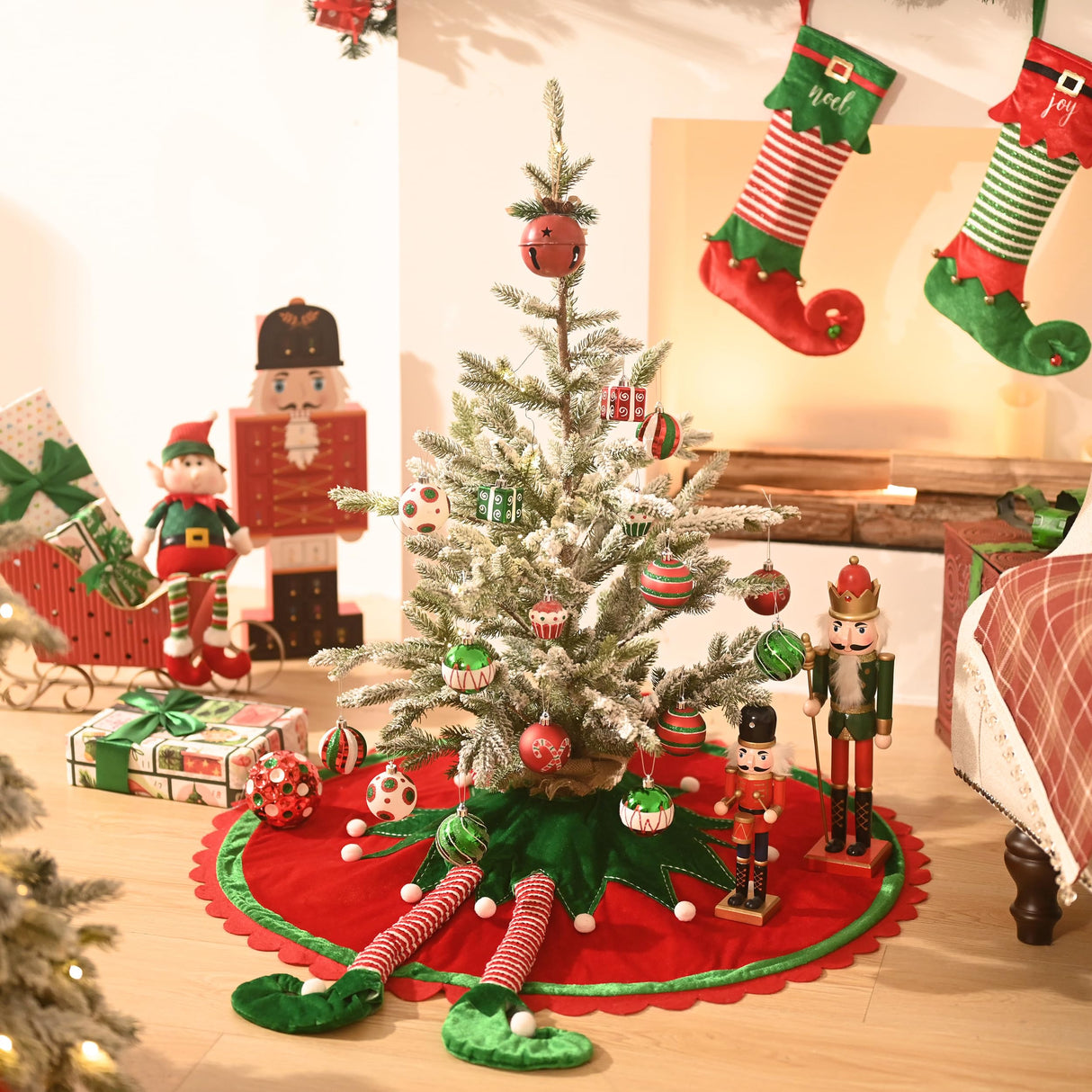 Valery Madelyn Elf Christmas Tree Skirt for Tree Decorations, 36 Inch Fabric Delightful Red Green Small Xmas Velvet Tree Skirt with 3D Elf Legs and Ripple Trim for Tree Merry Christmas Party Decor Valery Madelyn