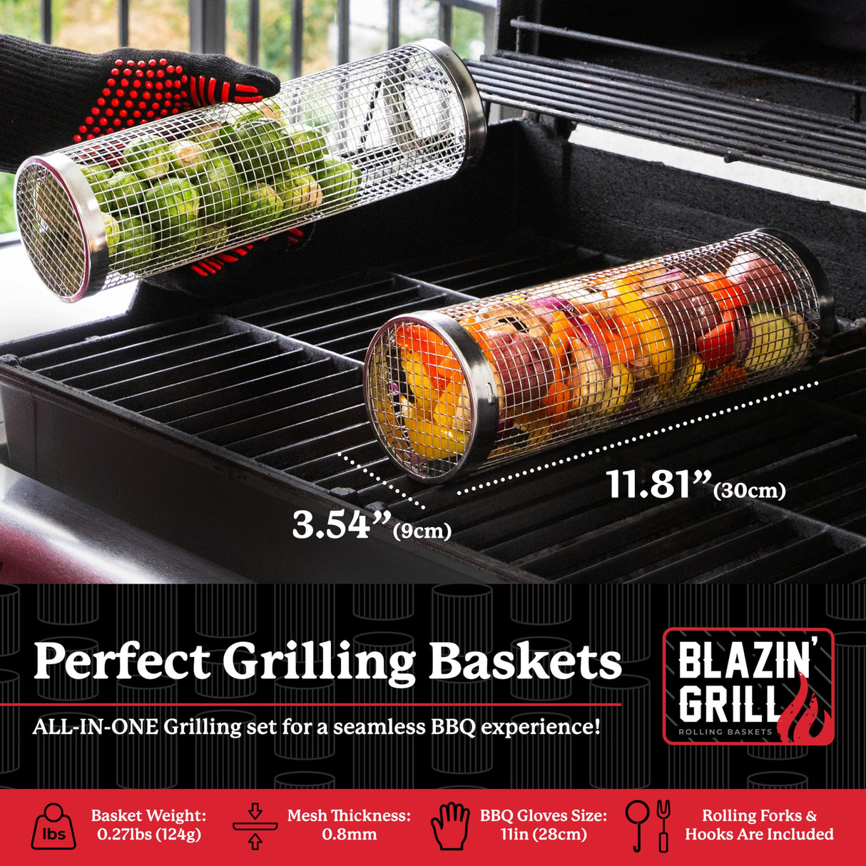 Blazin' Grill Rolling Grill Basket | Rolling Grilling Baskets for Outdoor Grilling 2 Pcs | Barbecue Grill Set with BBQ Gloves | Portable Camping Net Rack Perfect for Vegetables, Seafood & Meat | BLAZIN' GRILL