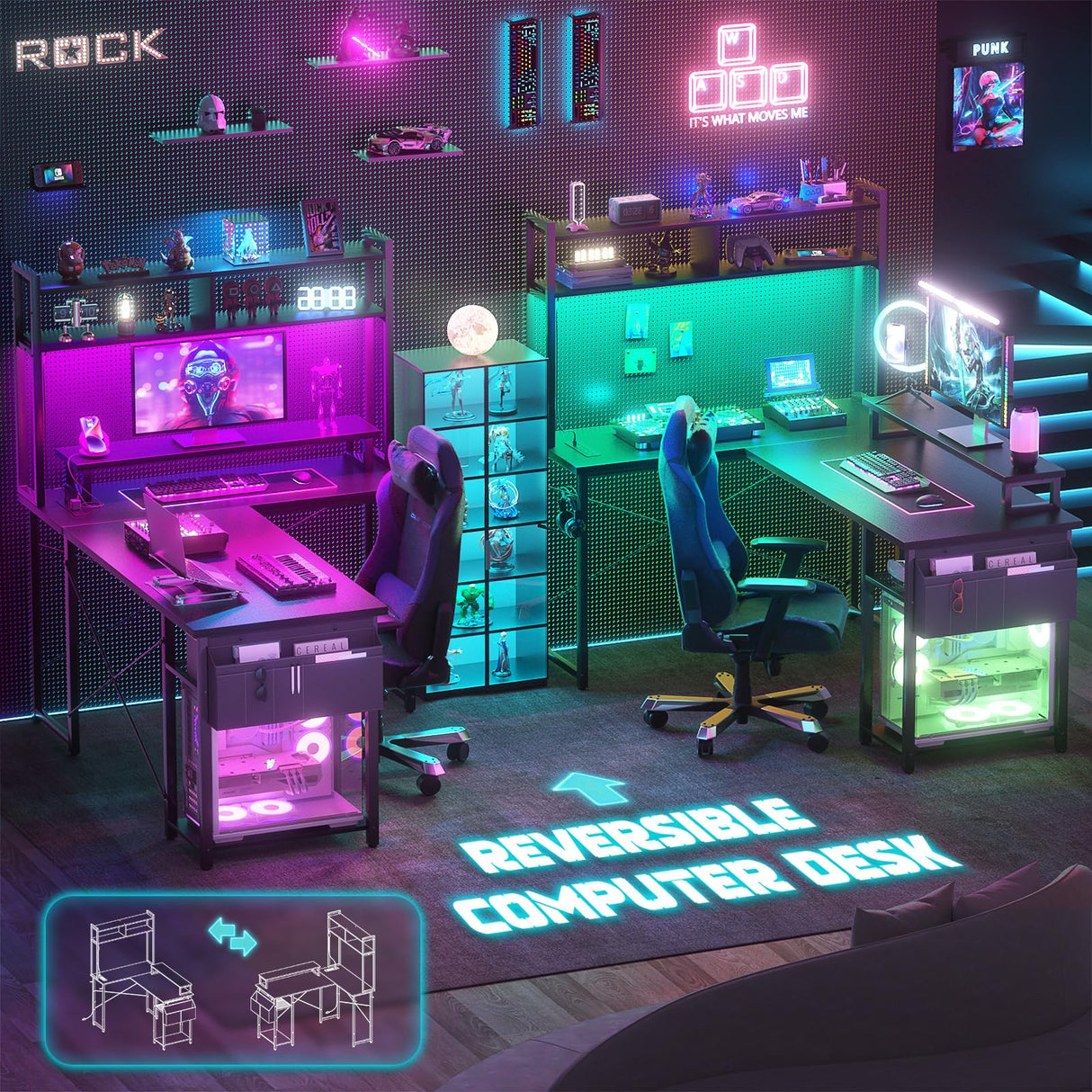 Aheaplus Small L Shaped Gaming Desk with LED Lights & Power Outlets, Reversible L-Shaped Computer Desk with Monitor Stand & Storage Shelf, Corner Desks Home Office Desk with Storage Bag, Black Aheaplus