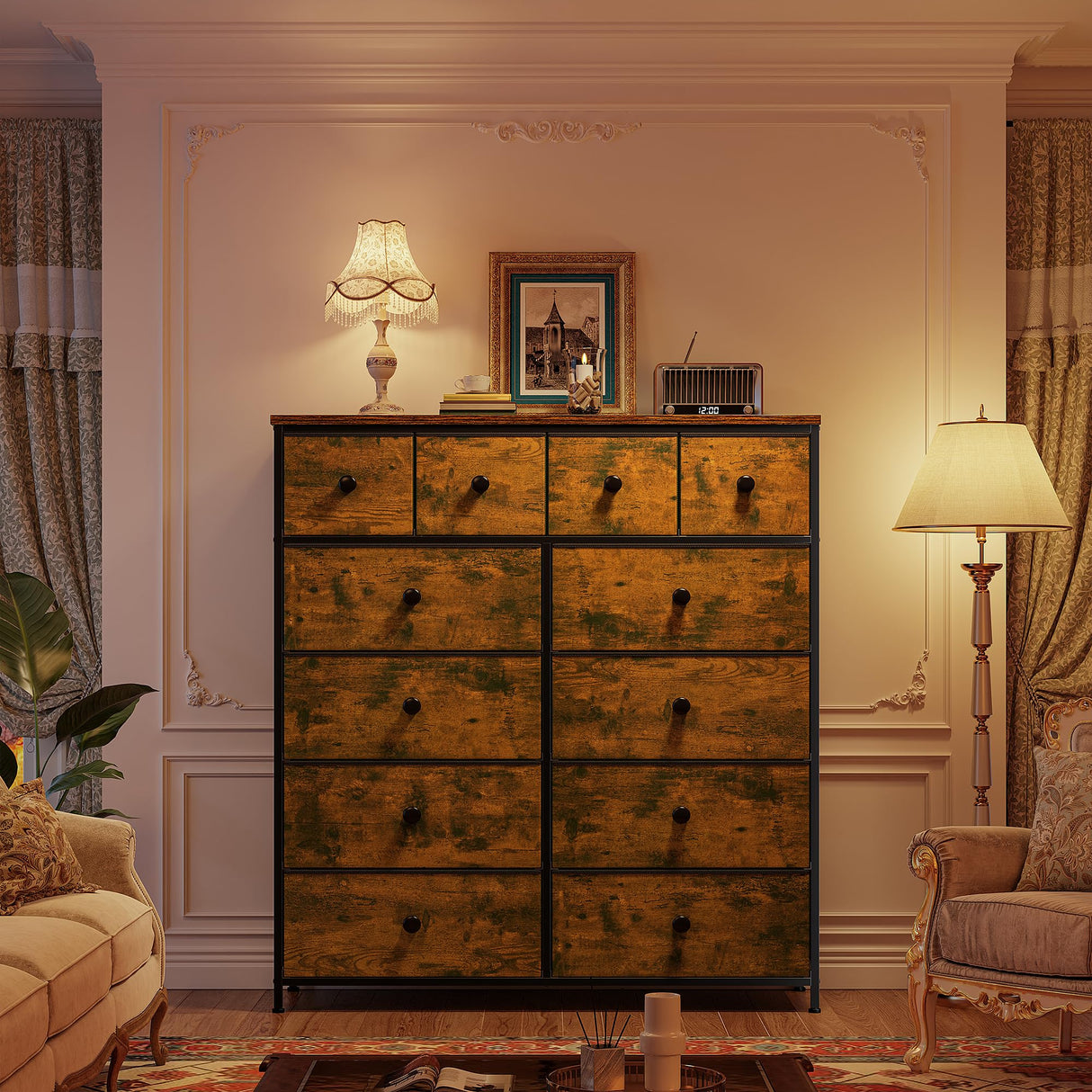 Romorgniz Tall Dresser for Bedroom with 12 Drawers, Fabric Storage Dressers & Chests of Drawers, Sturdy Metal Frame, Wood Top, Closet, Entryway, Bedroom Furniture (Rustic Brown) Romorgniz