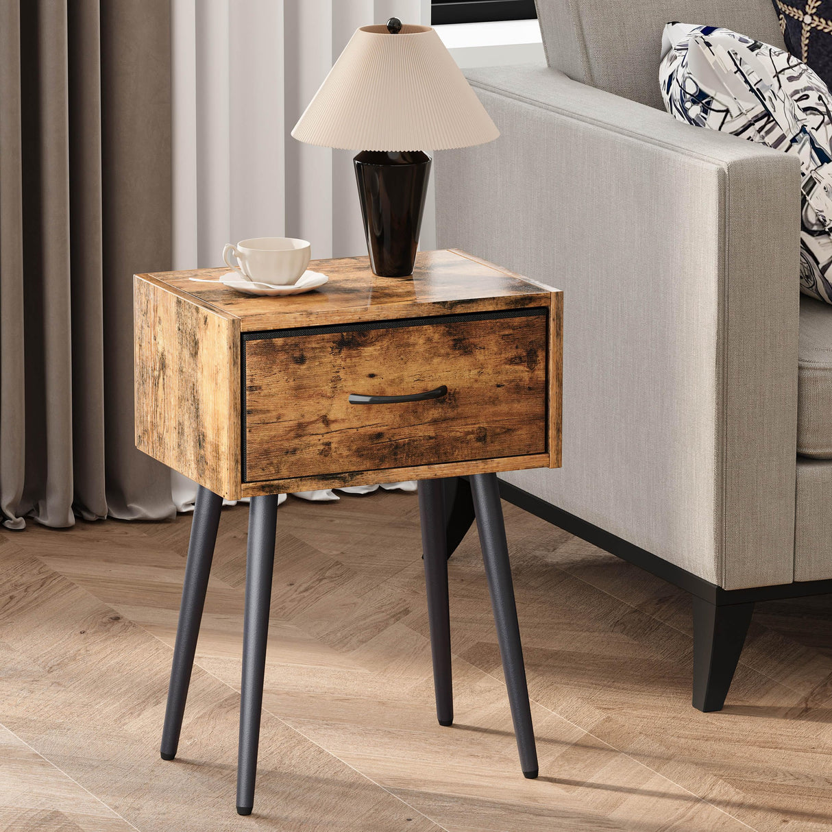 Small Nightstands Set of 2, Bedside Table with Fabric Drawer, Idustrial End Table with Metal Leg, Couch Side Table for Bedroom Living Room, Sofa, Office Rustic Brown LNT504R IRCPEN