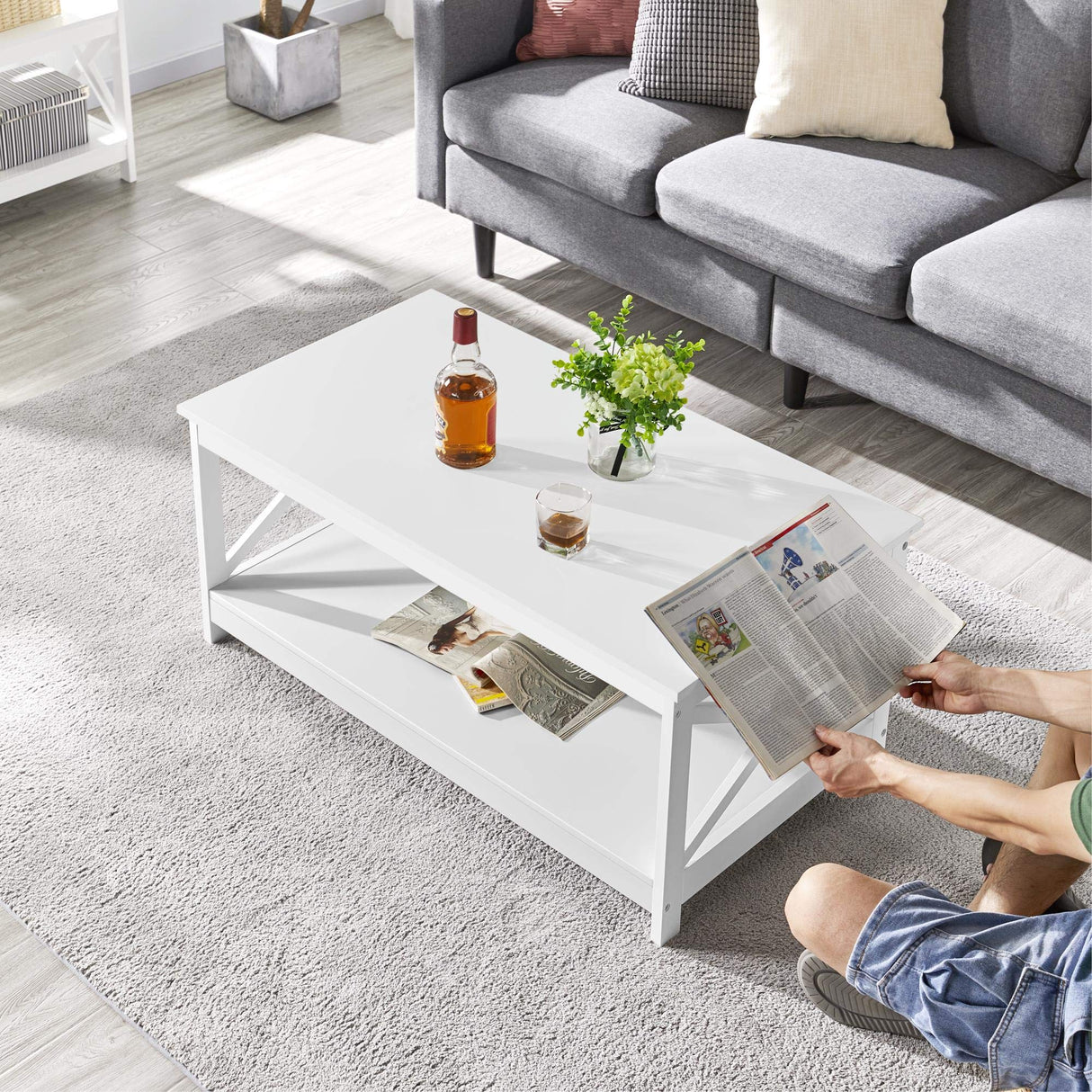 Yaheetech Wood 2-Tier White Coffee Table with Storage Shelf for Living Room, X Design Accent Cocktail Table, Simple Design Home Furniture, 39.5 x 21.5 x 18 Inches Yaheetech