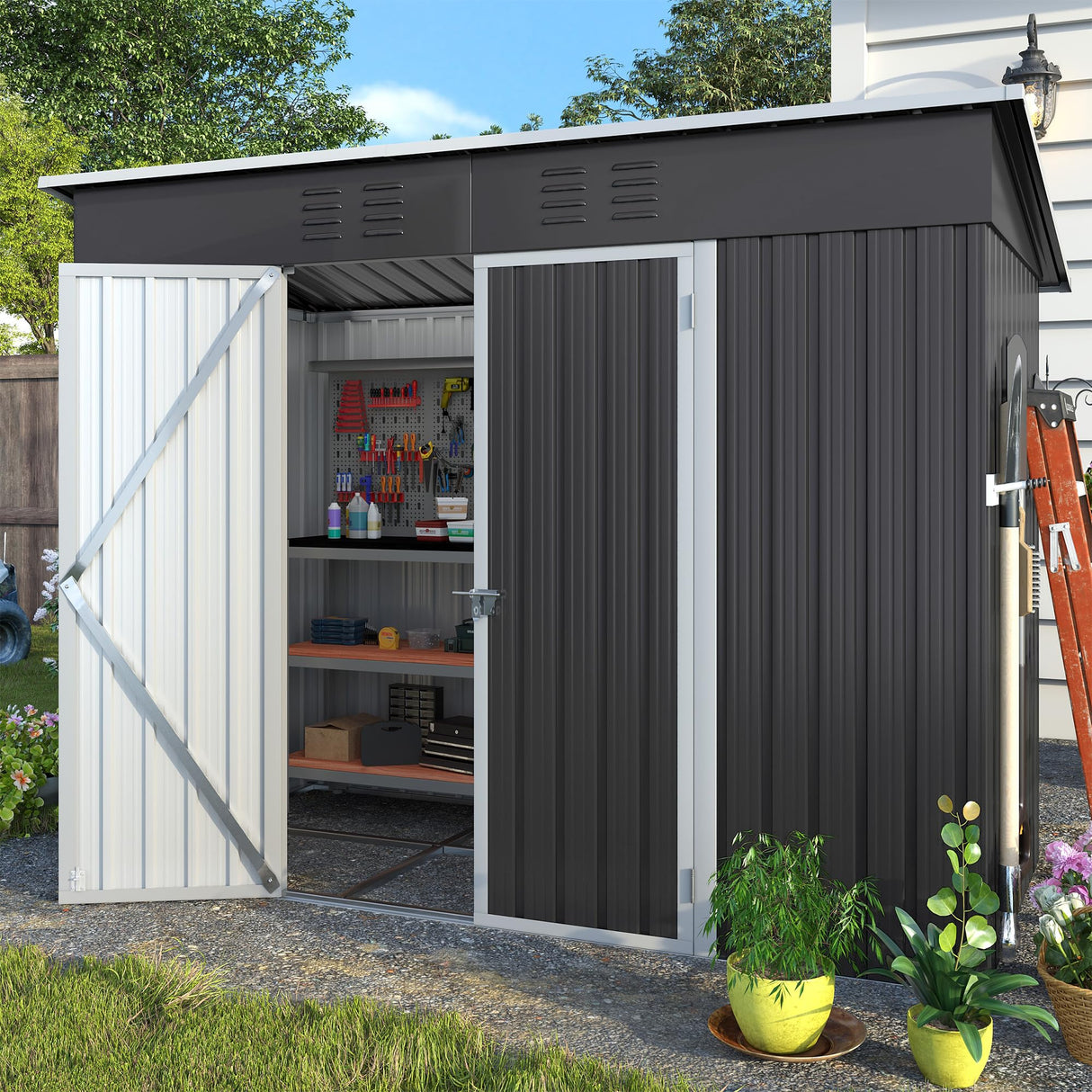 VONZOY 8x4 FT Outdoor Storage Shed,Metal Shed Garden Shed with Lockable Door for Bike, Garbage Can,Tool Shed for Backyard,Patio,Lawn(Grey) VONZOY