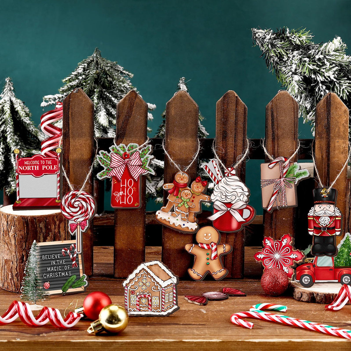 Huwena 40 Pcs Christmas Wooden Ornaments Red Christmas Decorations for Xmas Tree Wreaths Gingerbread Gnome Hanging Ornaments Nutcracker Peppermint Candy Wood Cutouts Christmas Decor for Home Huwena